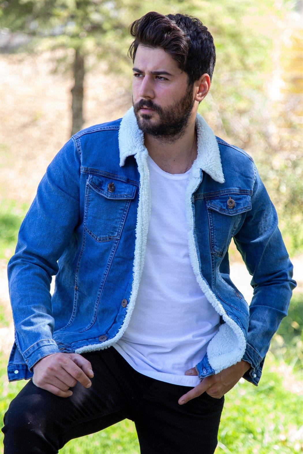 Orta Mavi Kürklü Kot Ceket