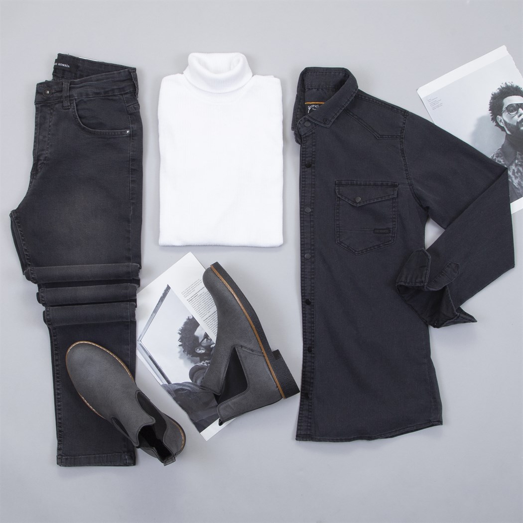 Pamuklu Füme Kot Gömlek Boğazlı Kazak Pantolon Ayakkabı Kombin