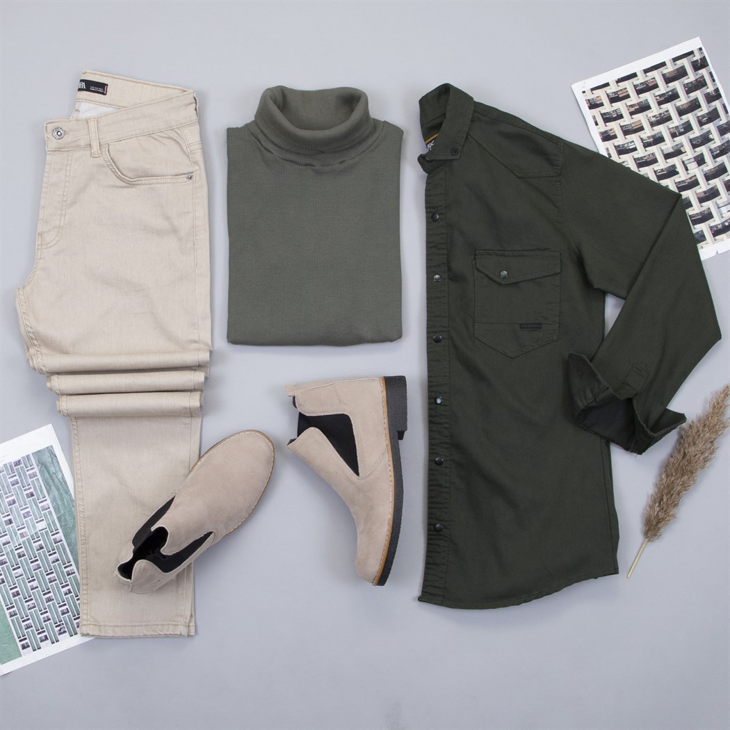 Pamuklu Haki Kot Gömlek Boğazlı Kazak Pantolon Bot Kombin