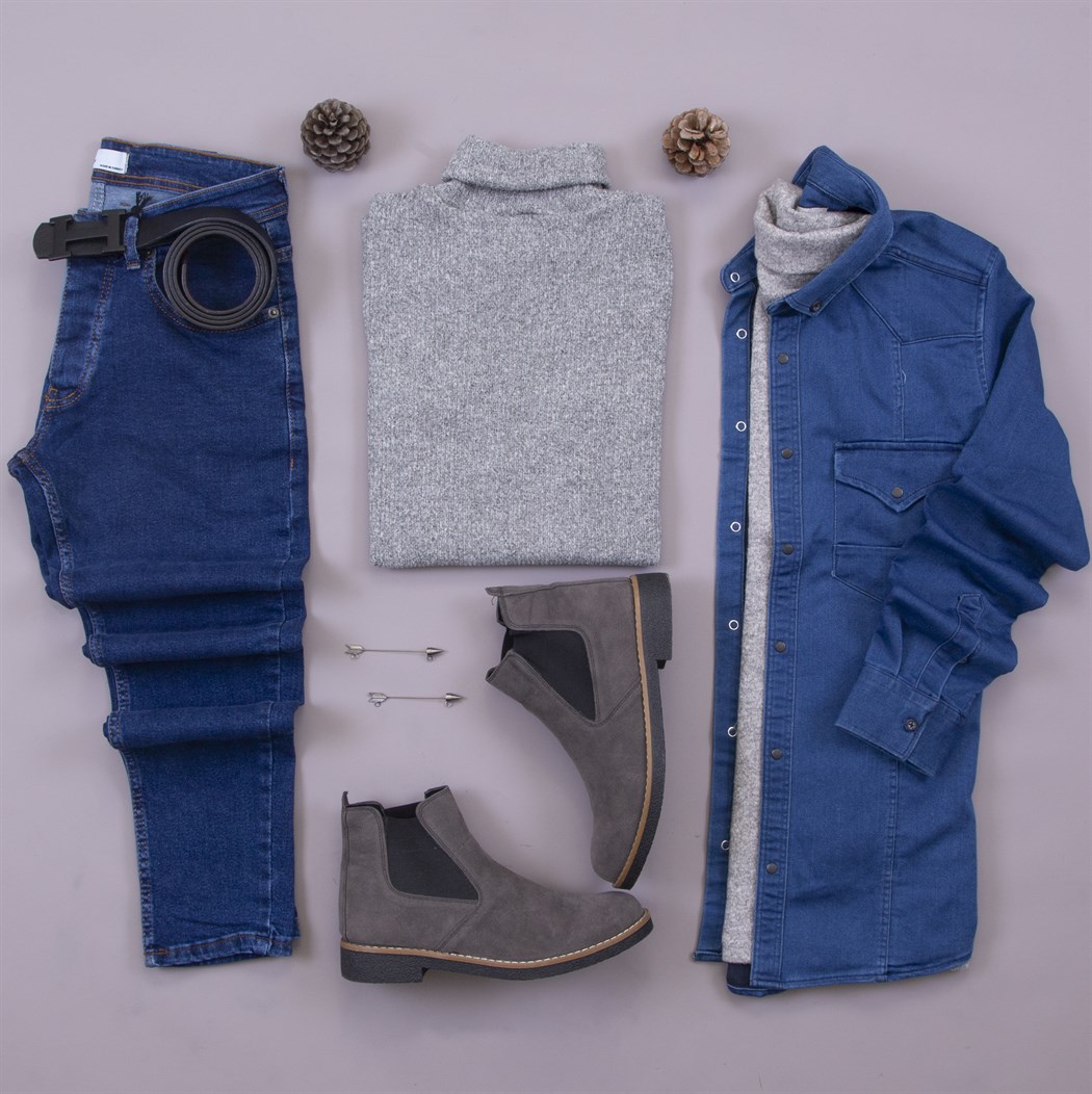 Pamuklu Kot Gömlek Kazak Pantolon Bot Kombin