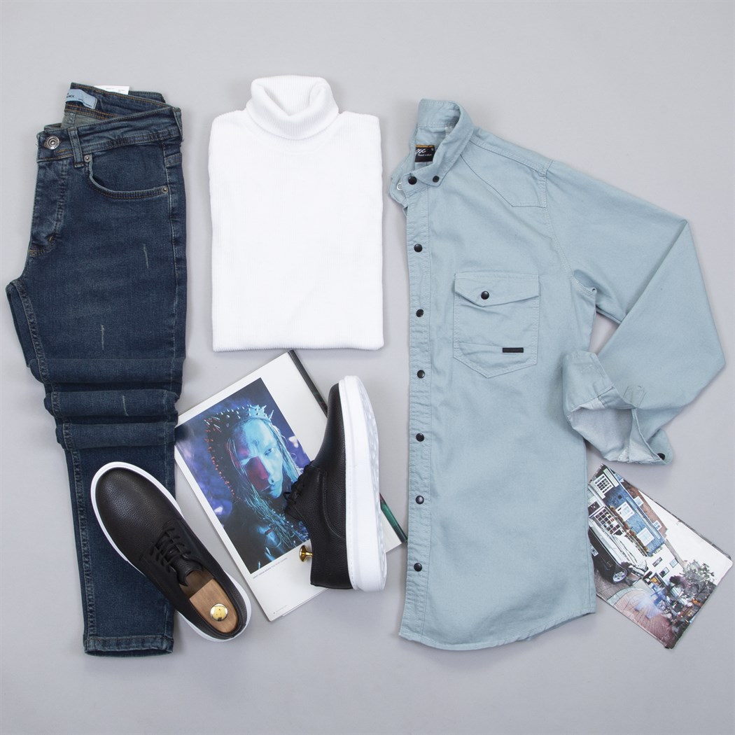 Pamuklu Mint Kot Gömlek Boğazlı Kazak Pantolon Ayakkabı Kombin