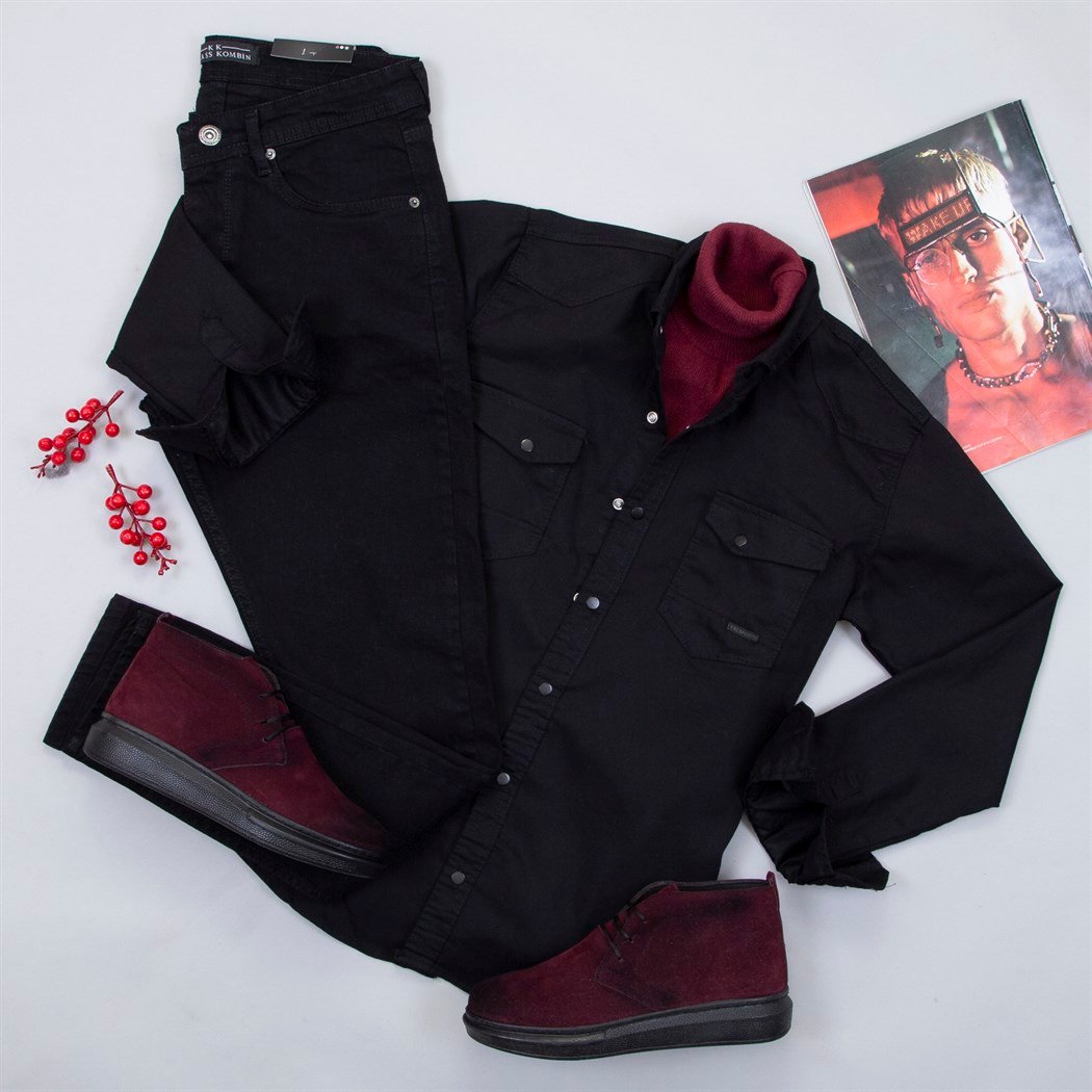 Pamuklu Siyah Kot Gömlek Boğazlı Kazak Pantolon Bot Kombin