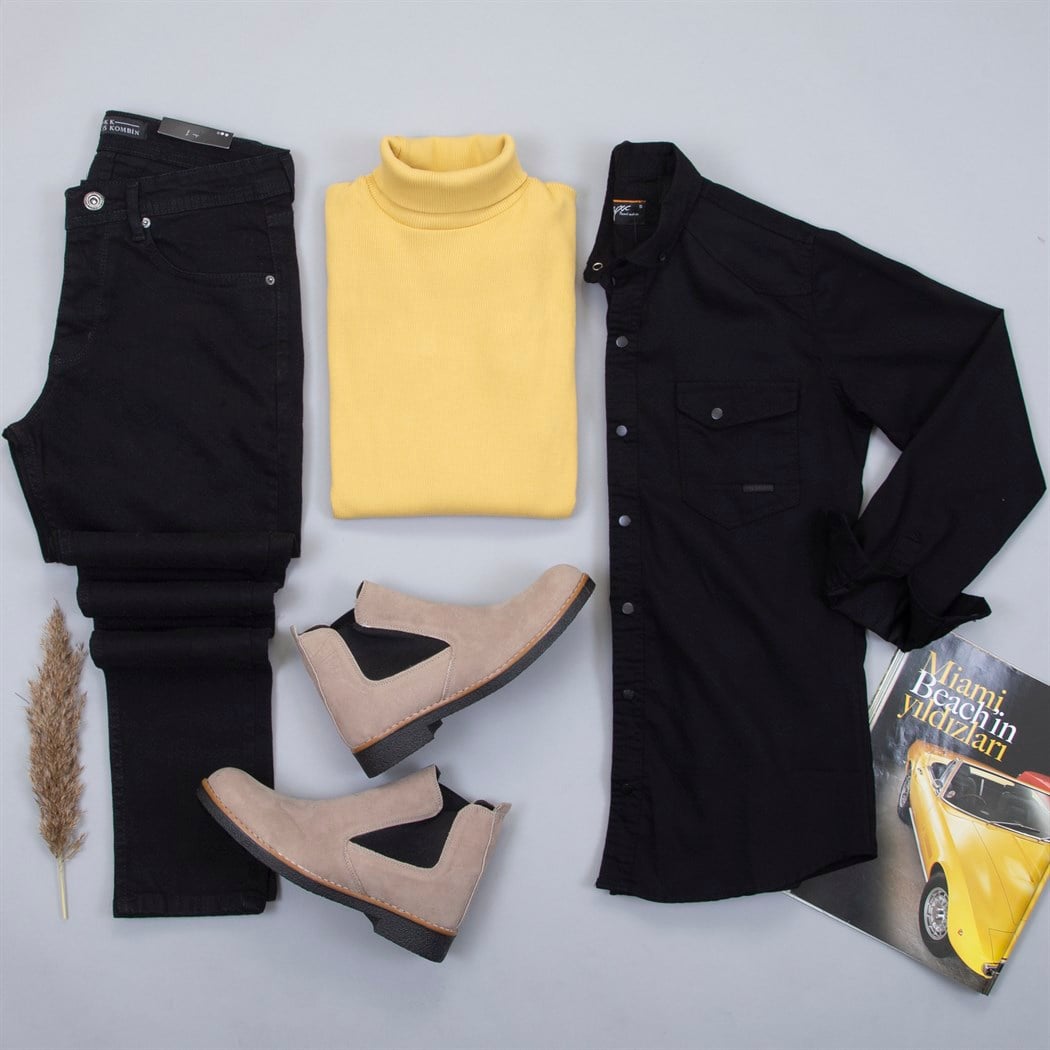 Pamuklu Siyah Kot Gömlek Boğazlı Kazak Pantolon Bot Kombin