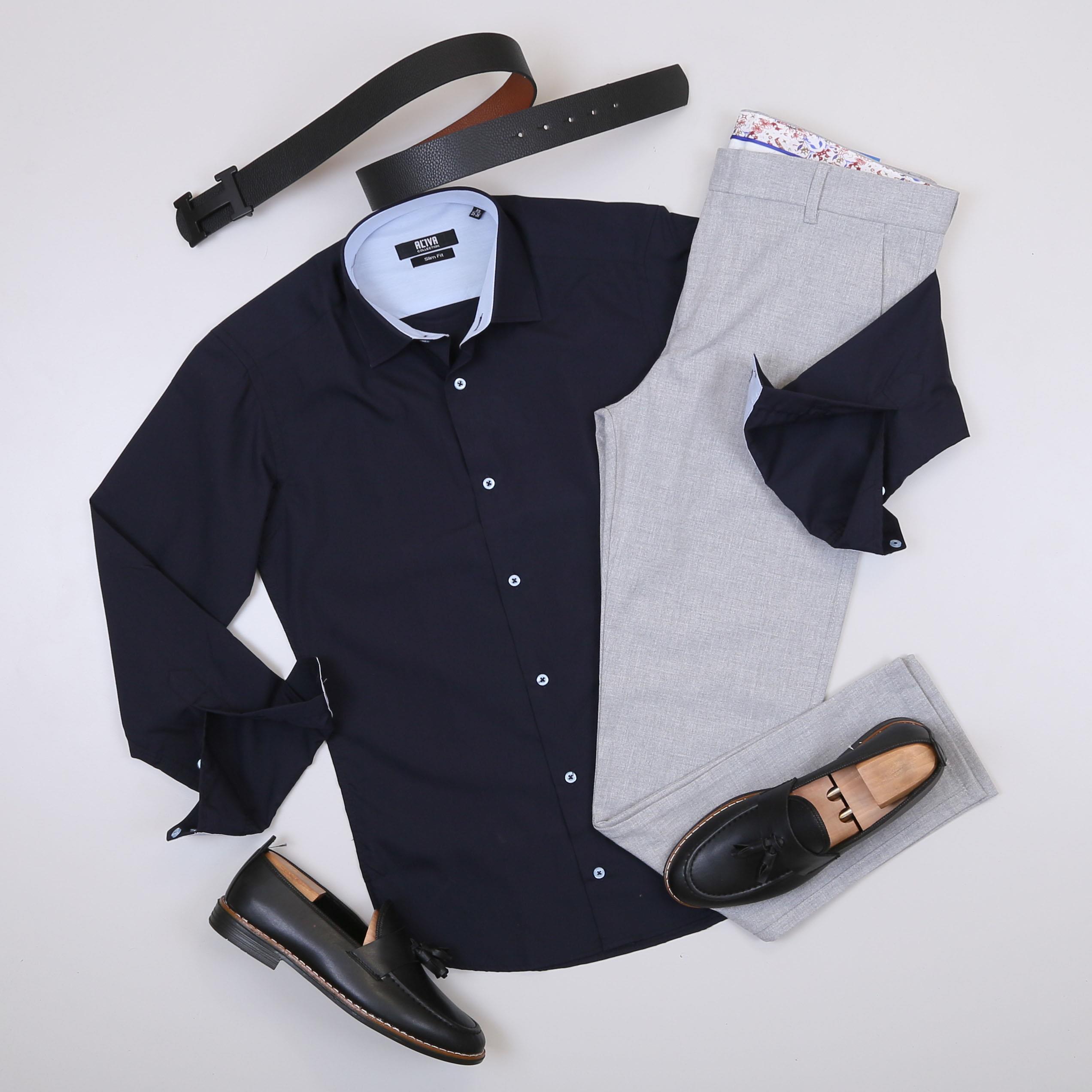 Parlak Şık Lacivert Gömlek Kombini