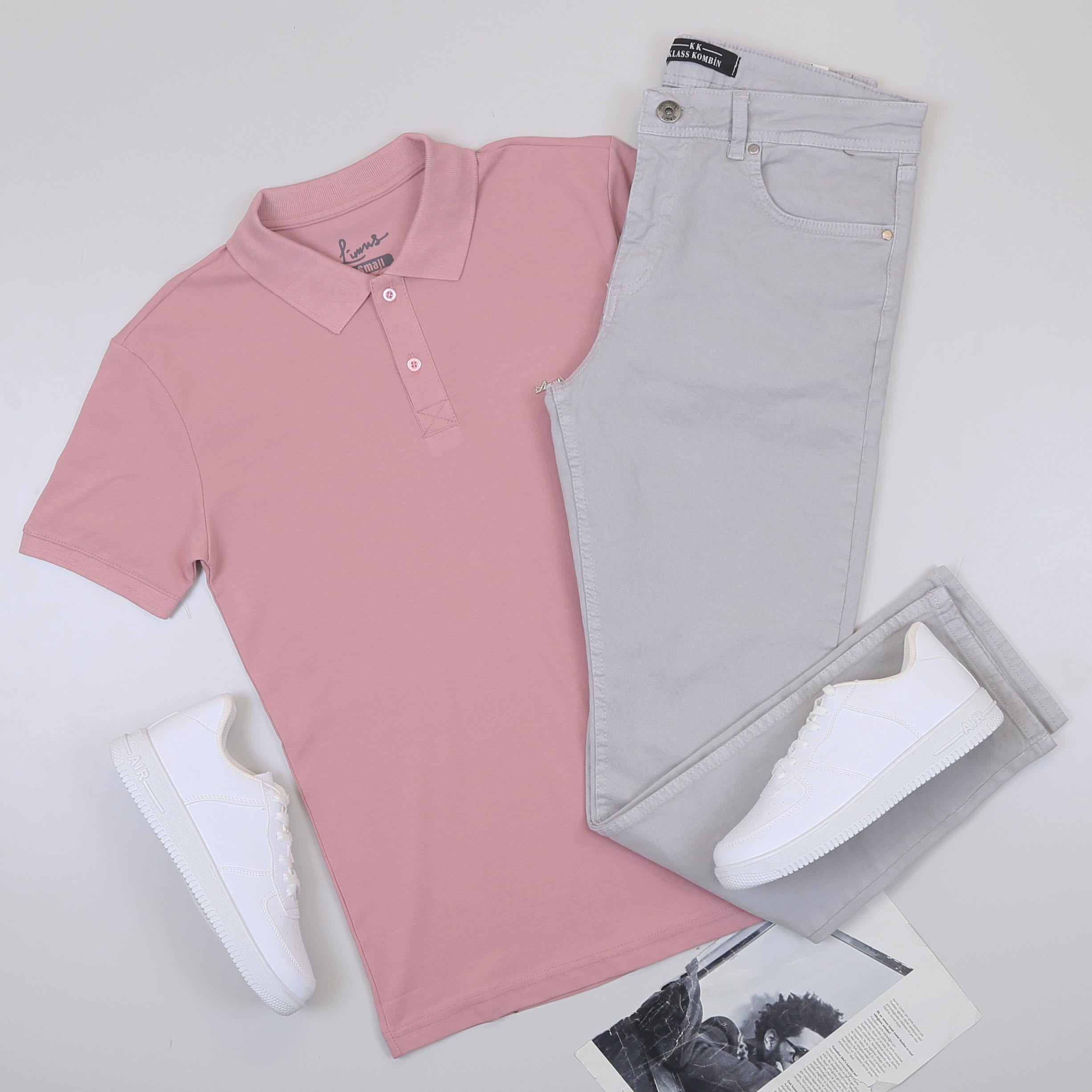 Pembe Polo Yaka Tişört Pantolon Ayakkabı Kombin