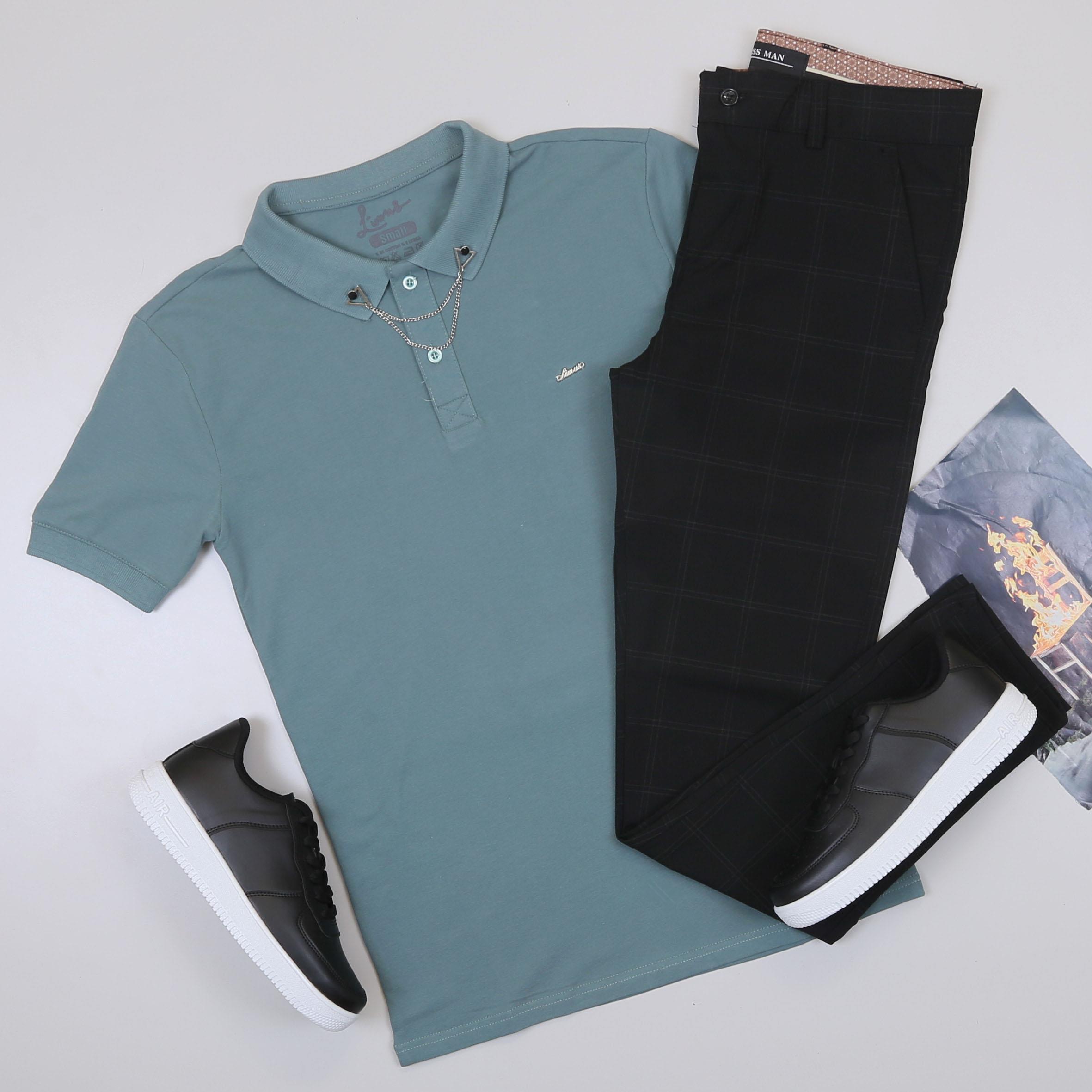 Petrol Yeşili Polo Yaka Tişört Pantolon Ayakkabı Kombin