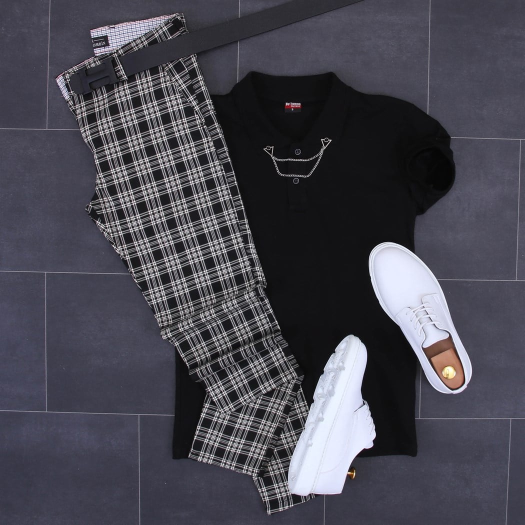 Polo Yaka T-Shirt Ekose Kumaş Pantolon Klasik Ayakkabı Kombini 