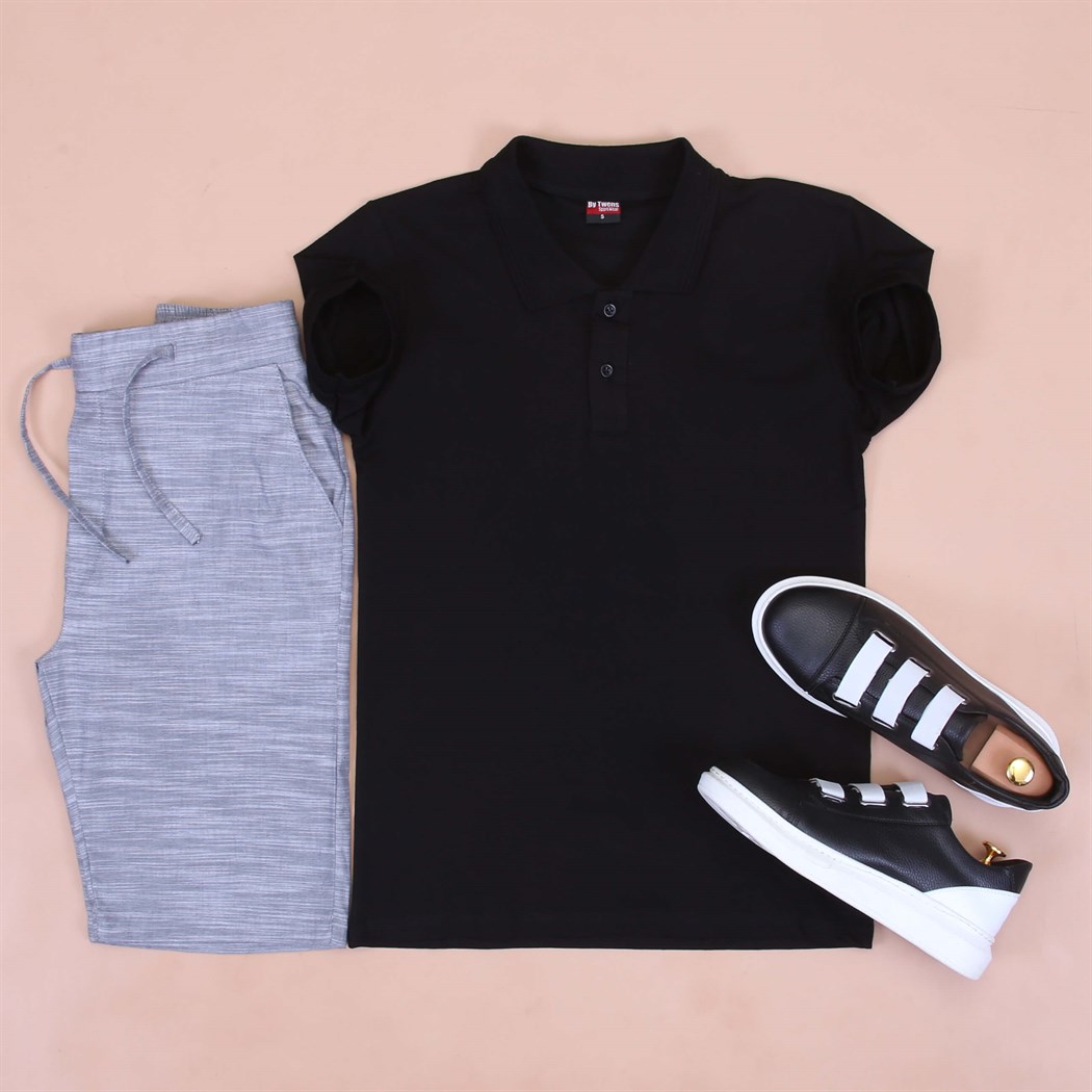 Polo Yaka T-Shirt Keten Şort Siyah Spor Ayakkabı Kombini 