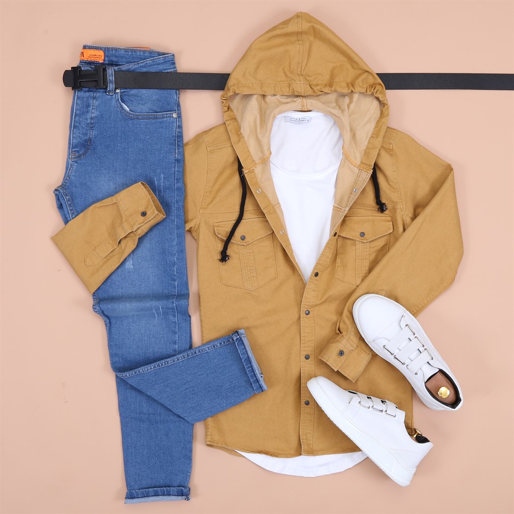 Sarı Kapsonlu Kot Gömlek Pantolon Ayakkabı Kombini