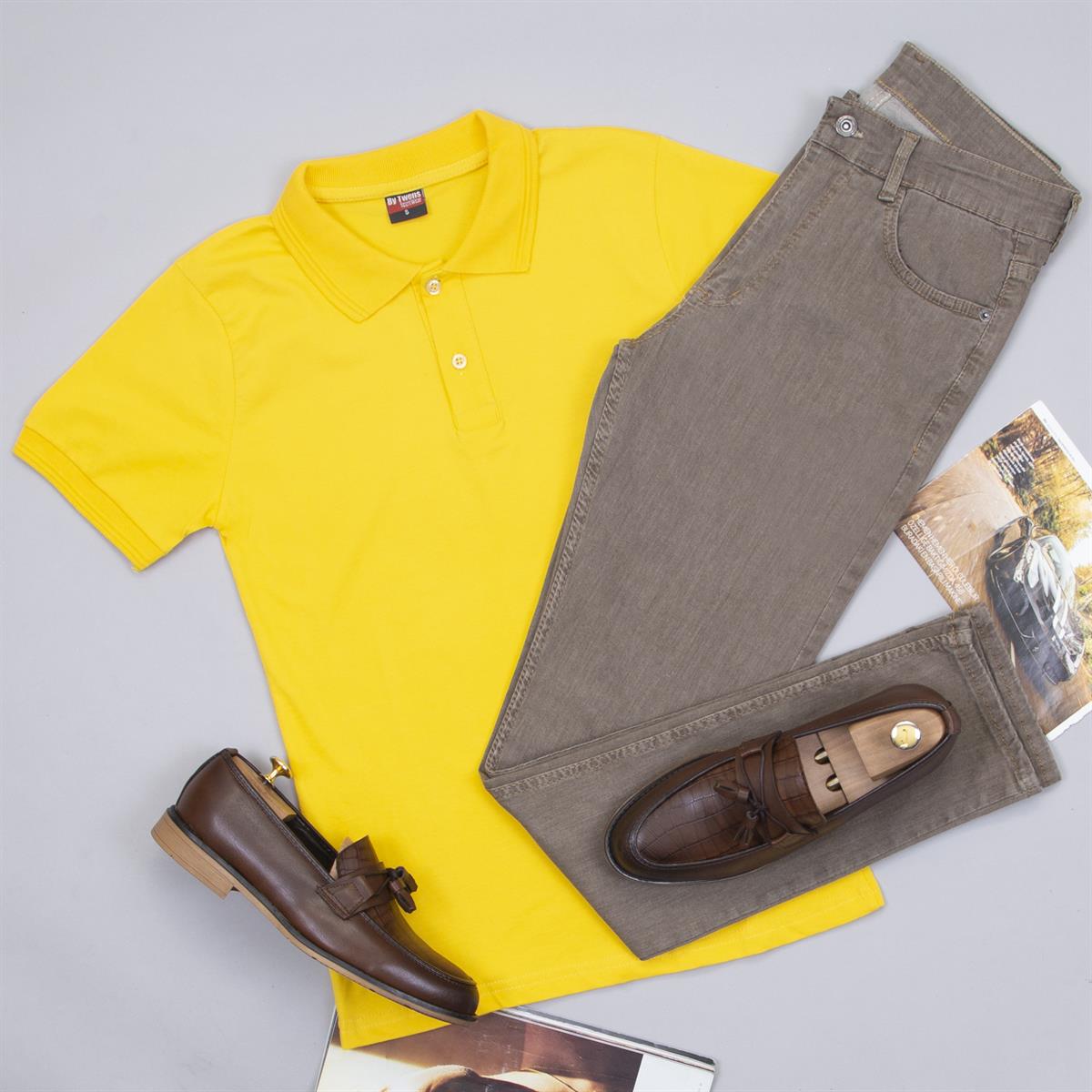 Sarı Polo Yaka Tişört Pantolon Ayakkabı Kombin