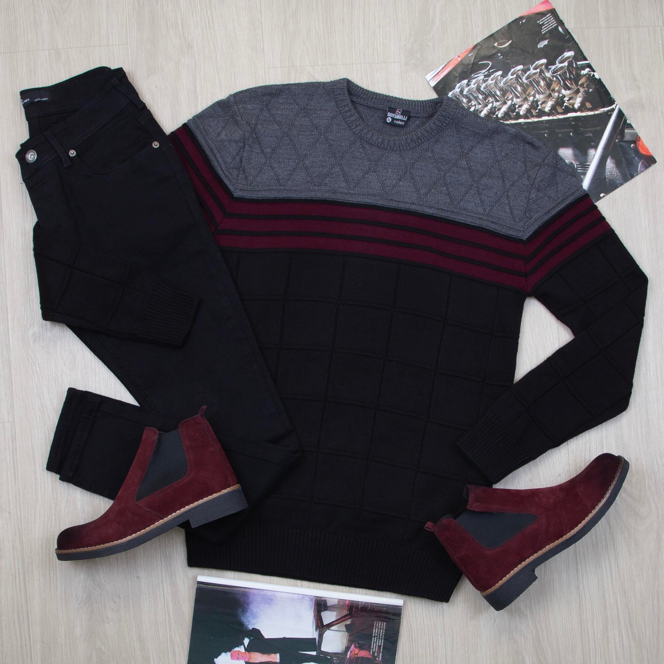 Şerit Detaylı Triko Kazak Pantolon Bot Kombin 