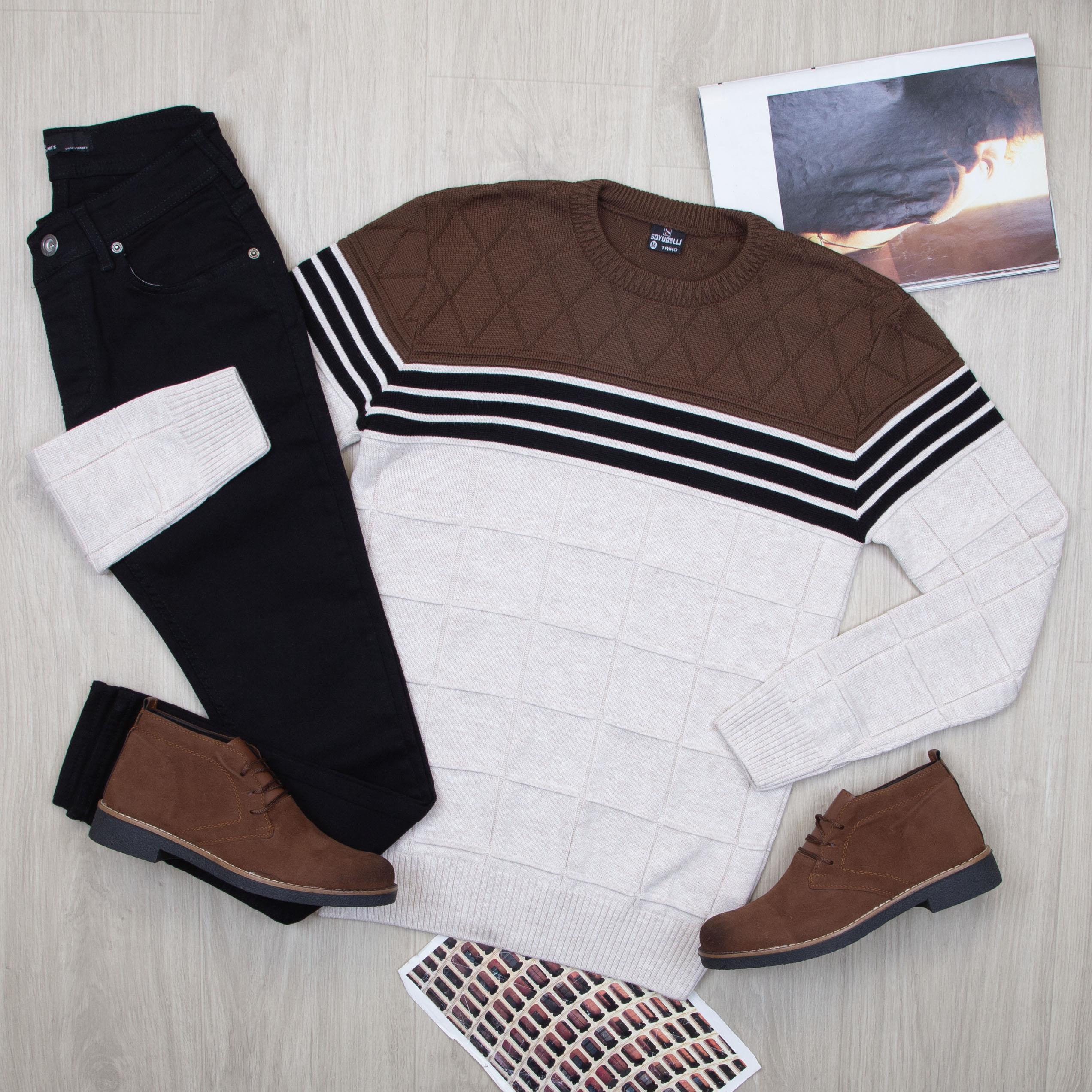 Şerit Detaylı Triko Kazak Pantolon Bot Kombin 