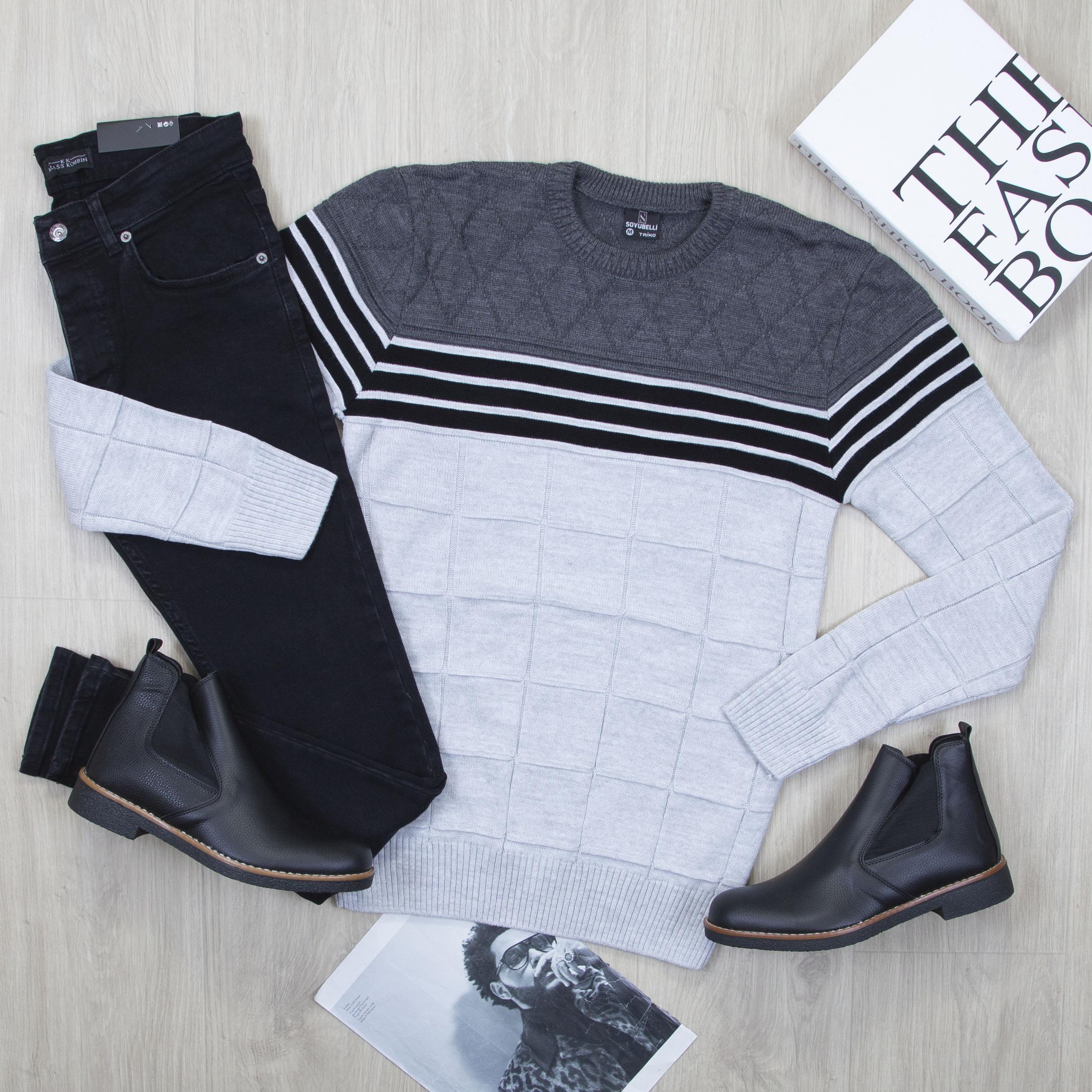 Şeritli Kazak Pantolon Bot Kombin