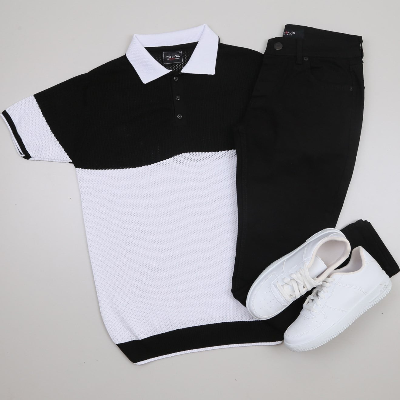 Siyah Beyaz Triko Polo Yaka Tişört Pantolon Kombini Erkek | Slim Fit Şık Günlük Set