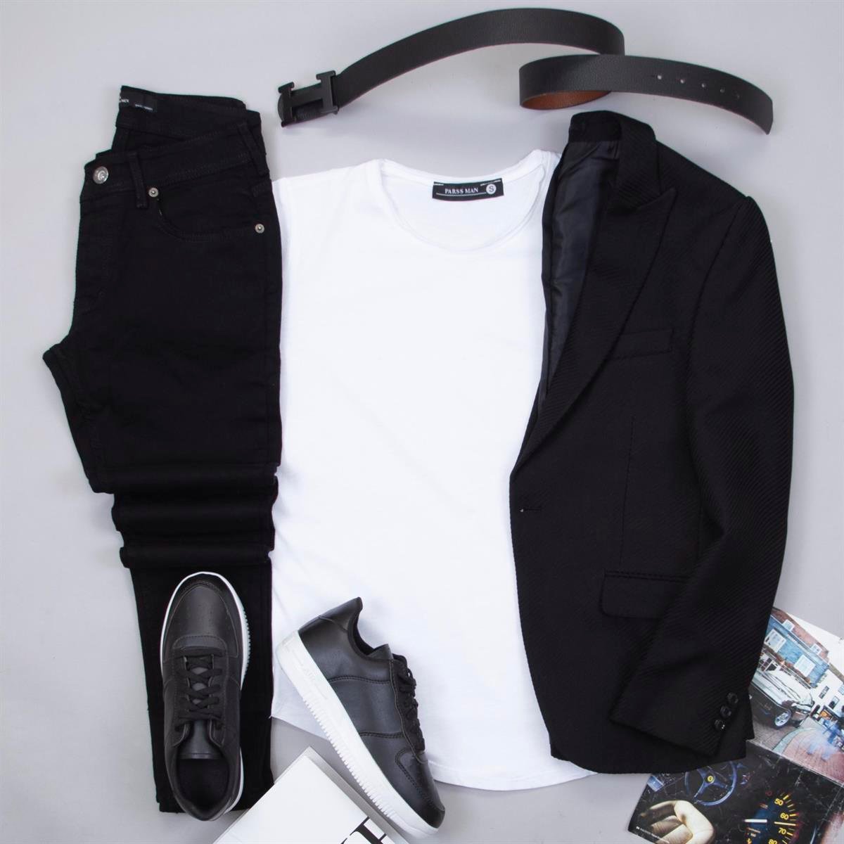 Siyah Blazer Ceket Tişört Pantolon Ayakkabı Kombin