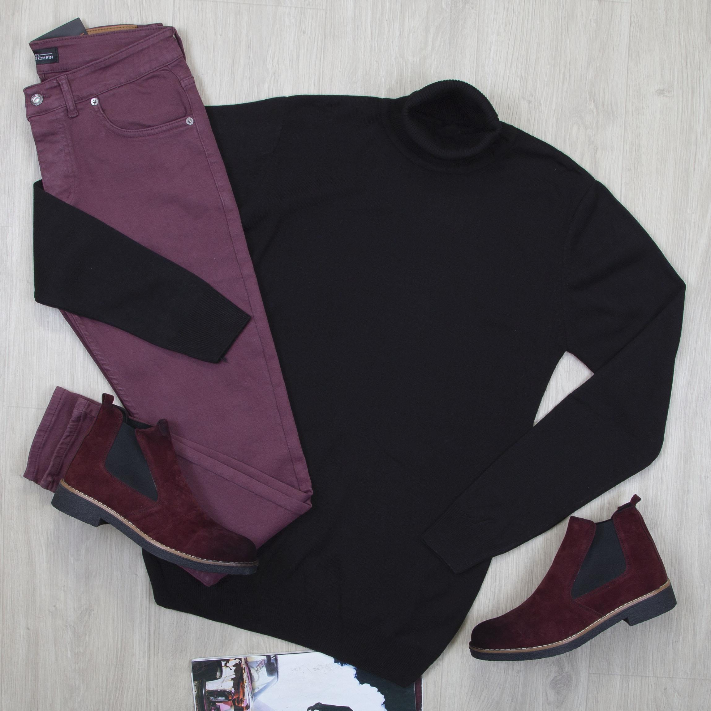 Siyah Boğazlı Triko Kazak Pantolon Bot Kombin