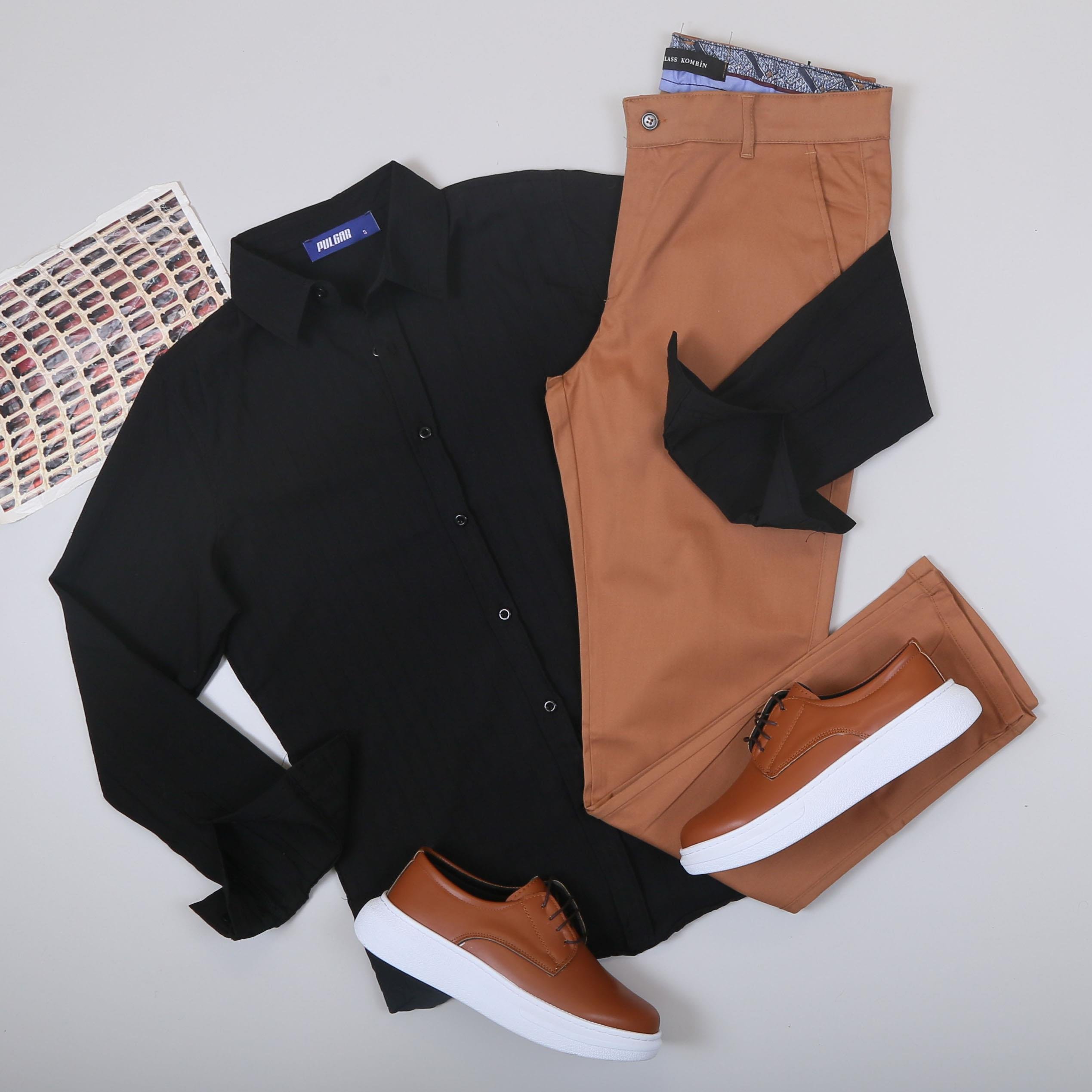 Siyah Çizgili Gömlek Pantolon Ayakkabı Kombin