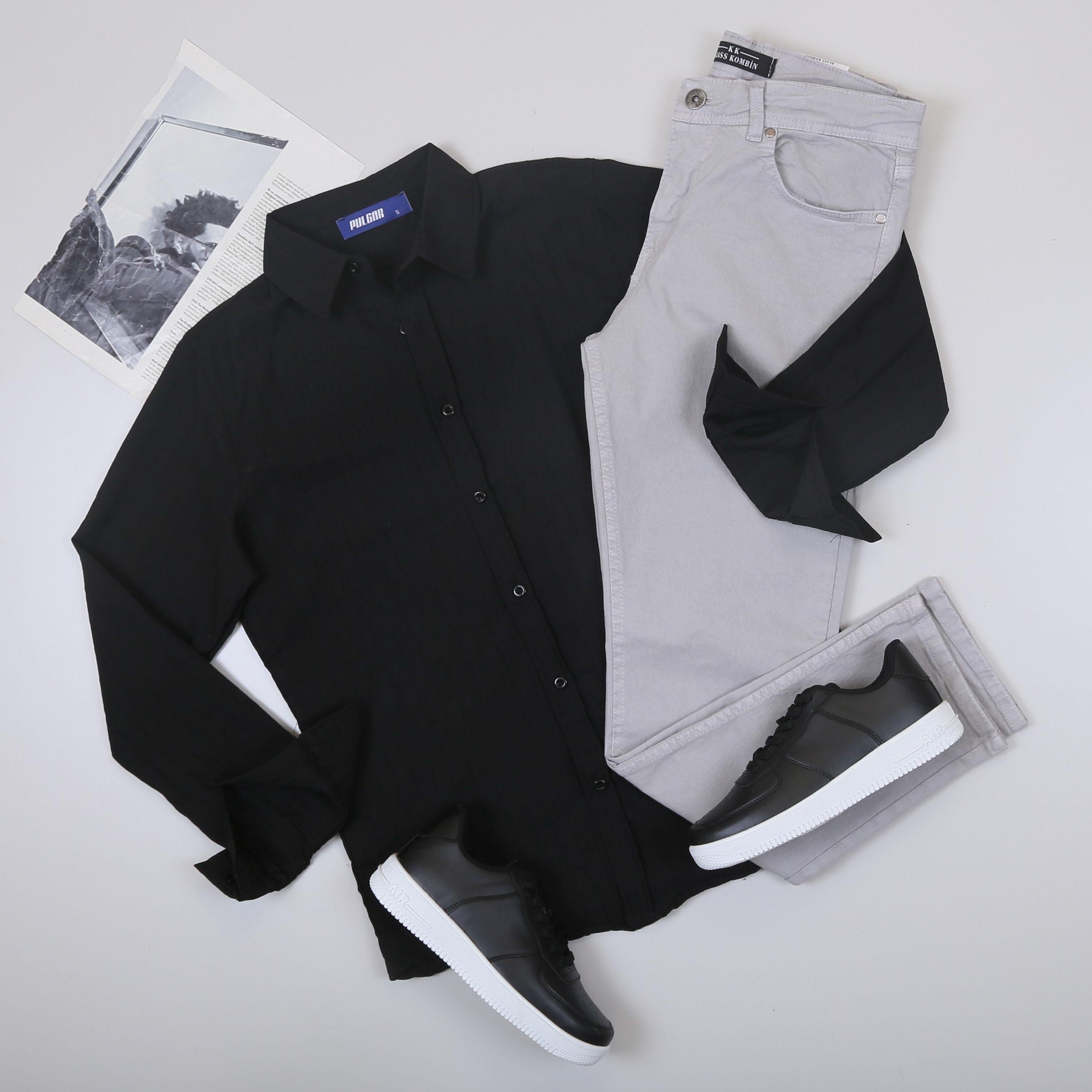 Siyah Çizgili Gömlek Pantolon Ayakkabı Kombin