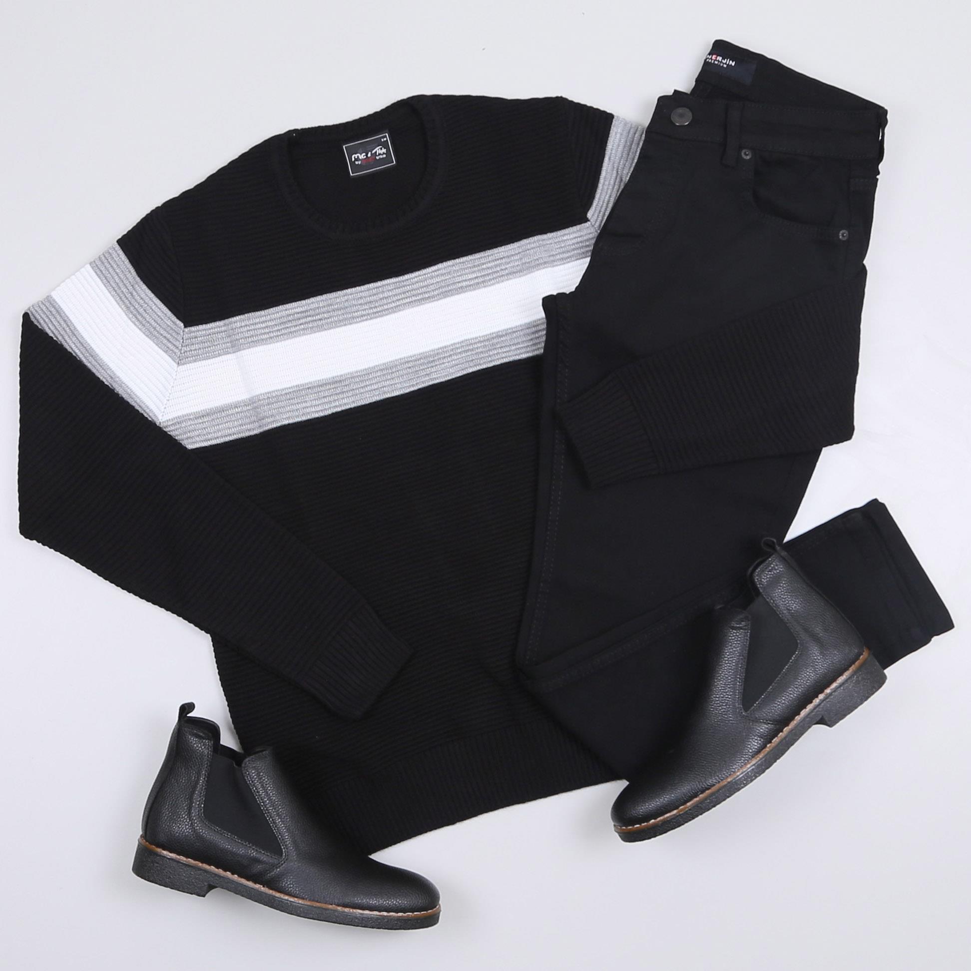 Siyah Çizgili Kazak Kot Pantolon Bot Kombini