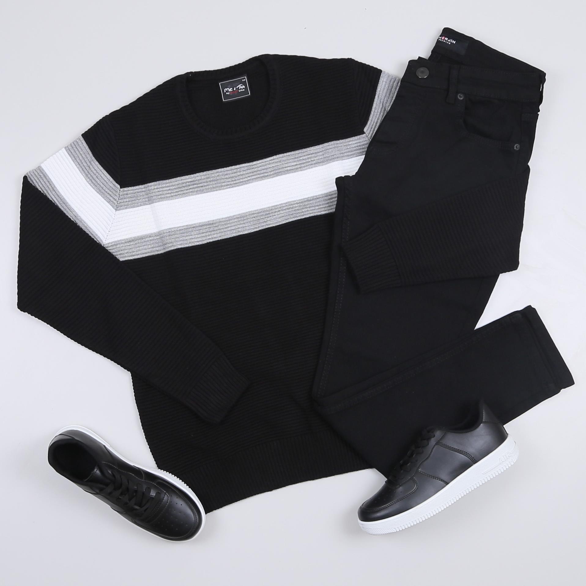 Siyah Çizgili Kazak Pantolon Ayakkabı Kombini