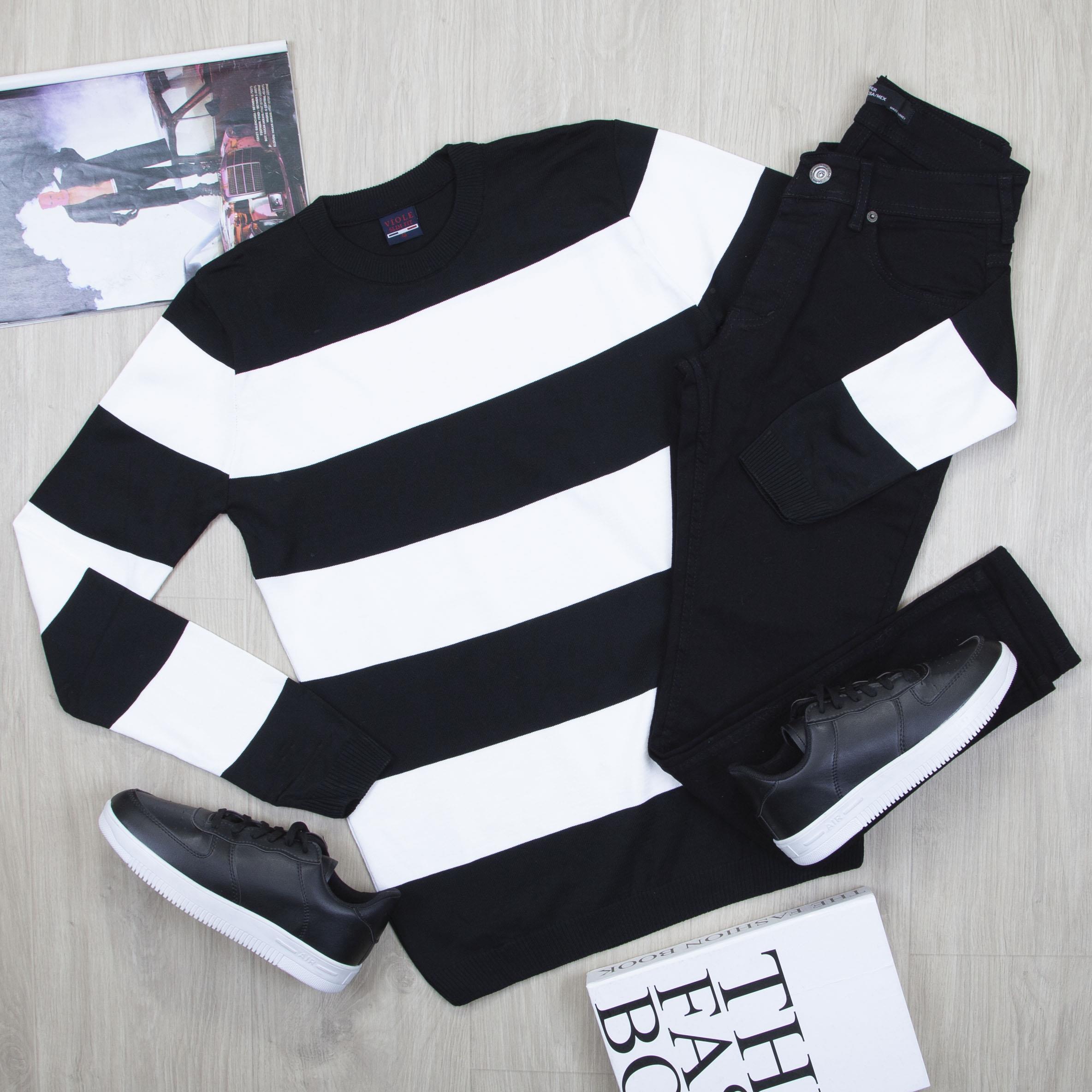 Siyah Çizgili Kazak Pantolon Ayakkabı Kombin