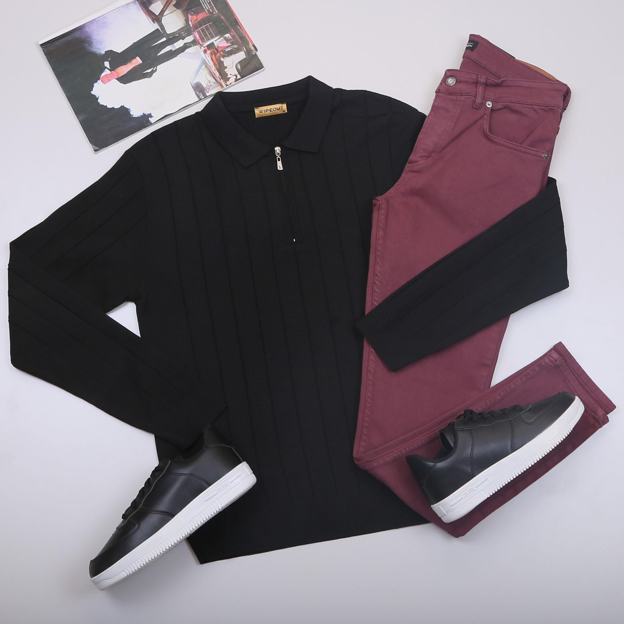 Siyah Çizgili Triko Polo Yaka Pantolon Ayakkabı Kombin