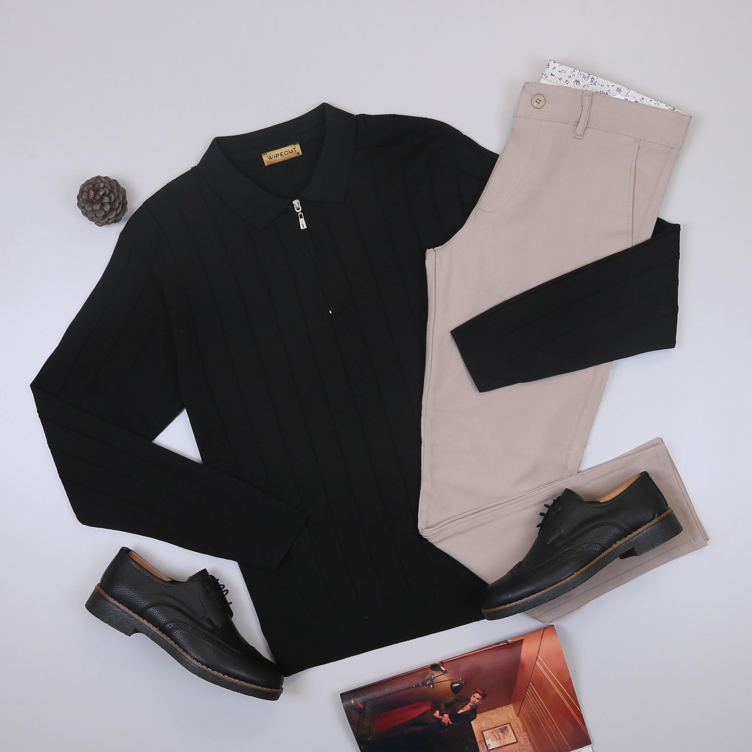 Siyah Çizgili Triko Polo Yaka Pantolon Ayakkabı Kombin