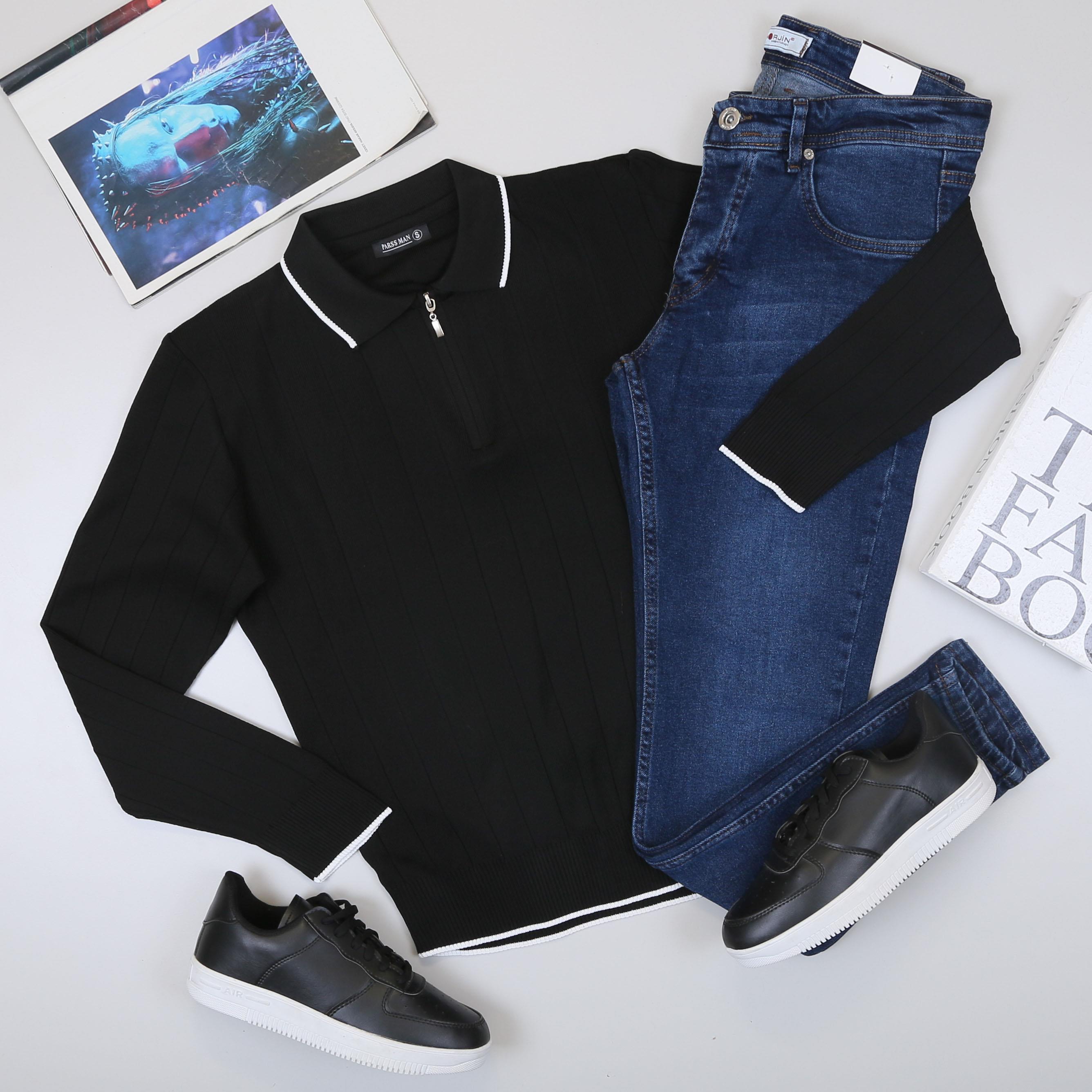 Siyah Çizgili Triko Polo Yaka Pantolon Ayakkabı Kombin