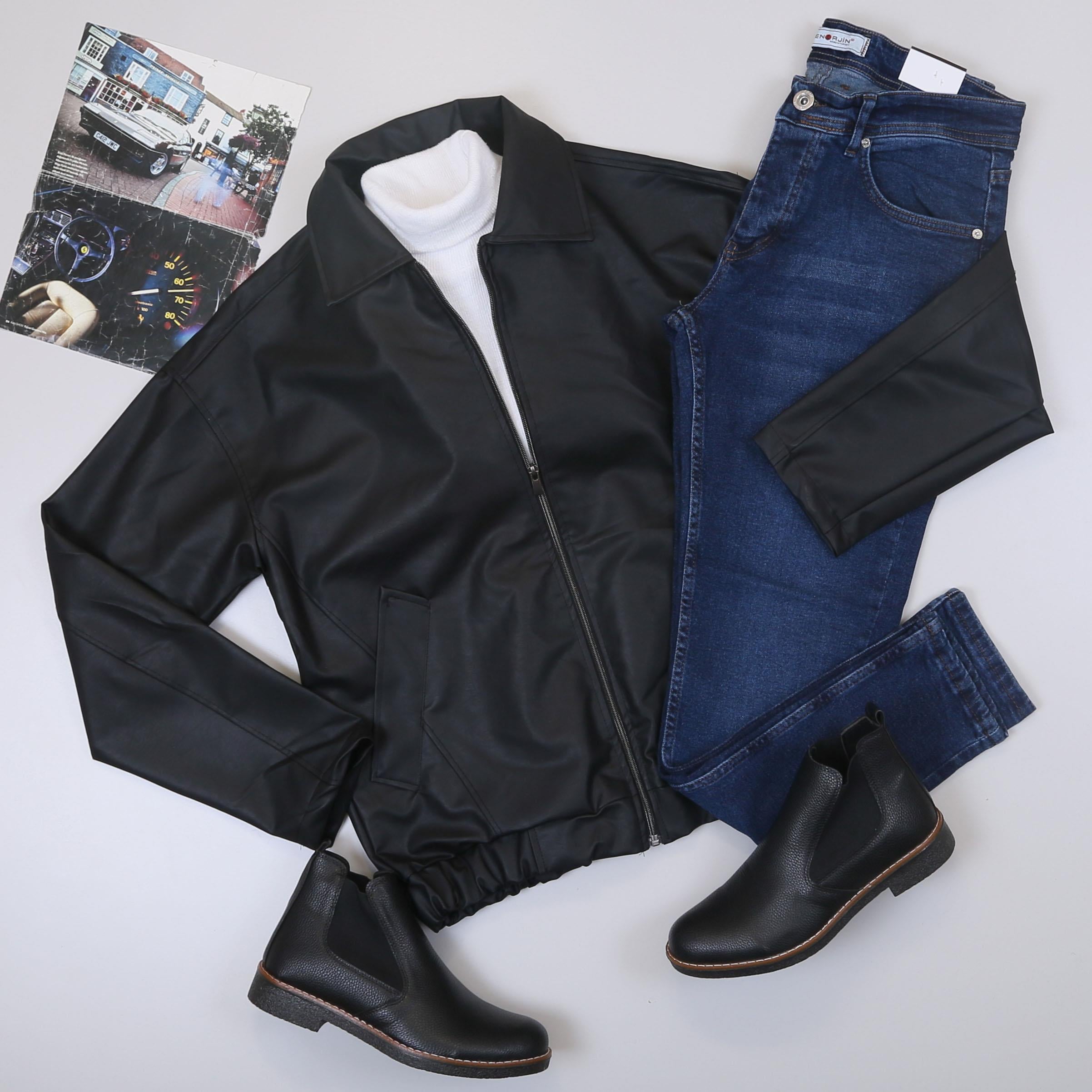 Siyah Deri Ceket Boğazlı Body Pantolon Bot Kombin