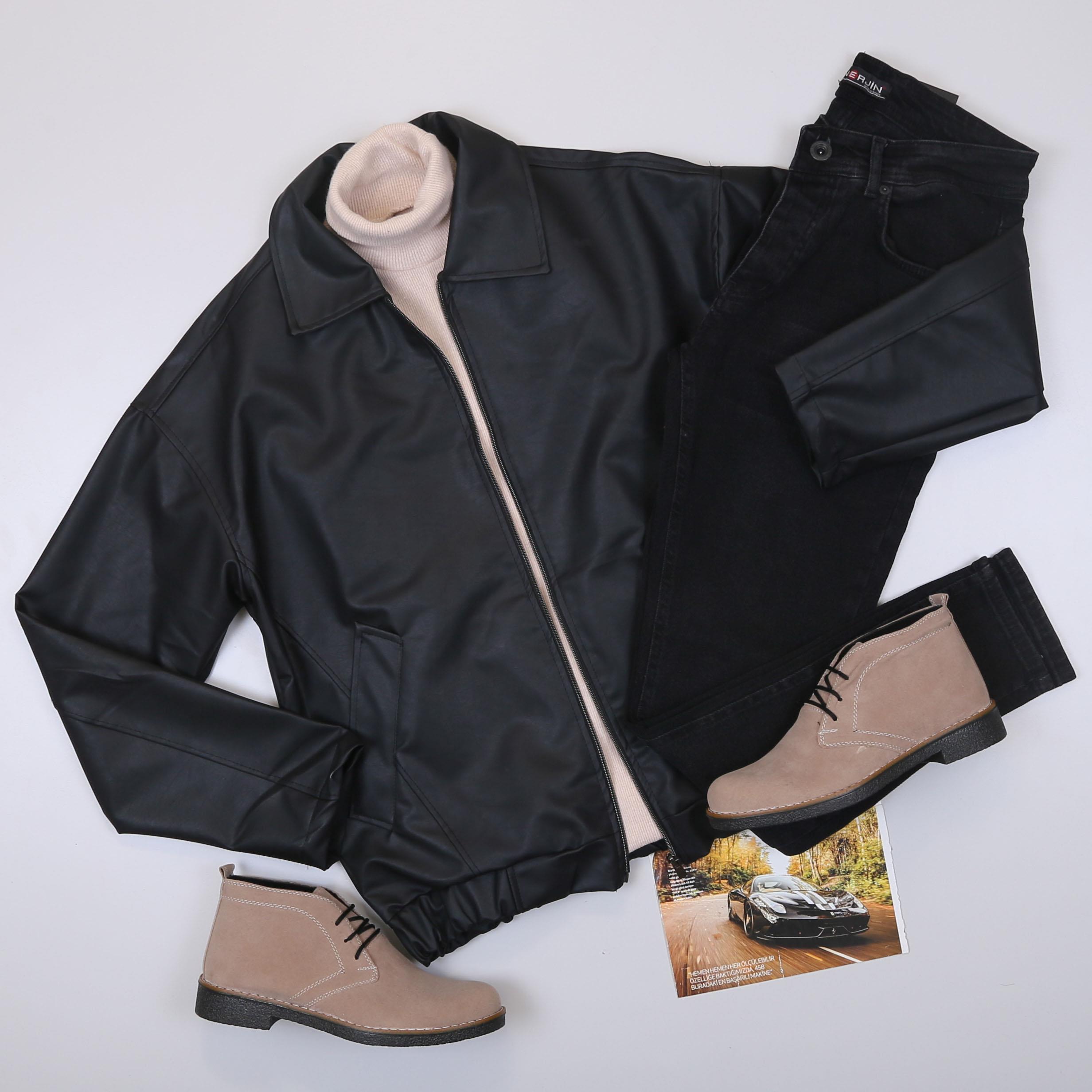 Siyah Deri Ceket Boğazlı Body Pantolon Bot Kombin