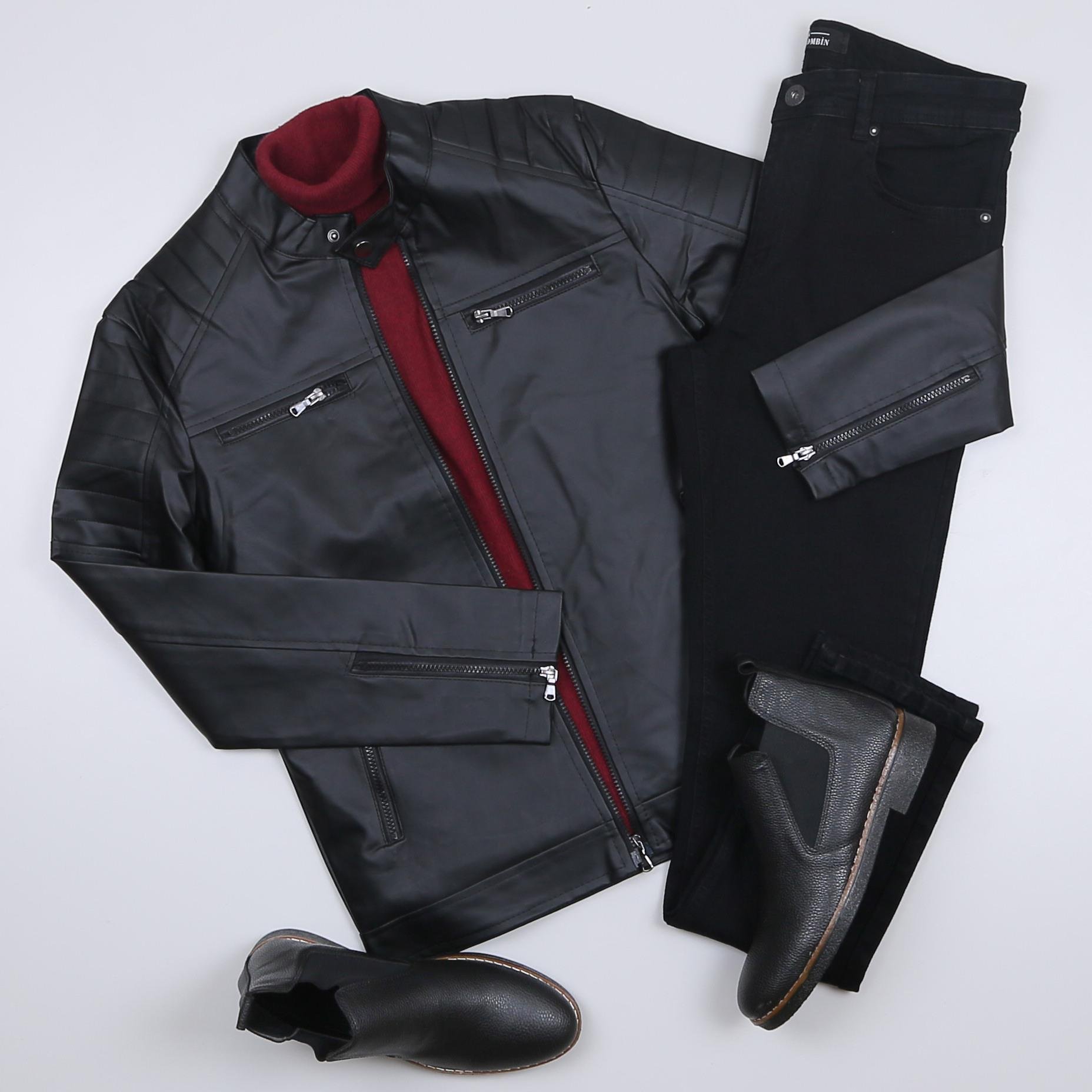 Siyah Deri Ceket Bordo Kazak Pantolon Bot Kombin