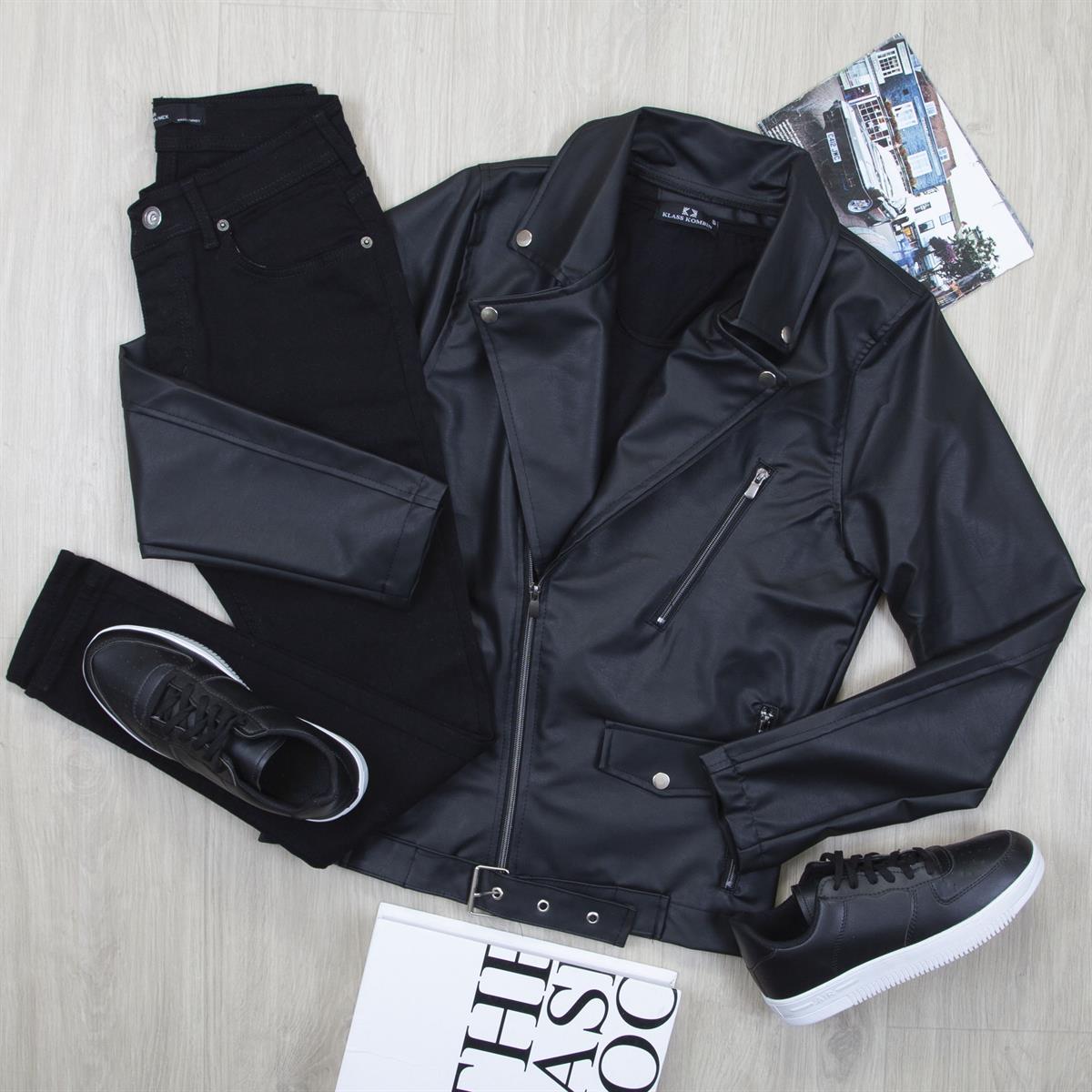 Siyah Deri Ceket Tişört Pantolon Ayakkabı Kombin