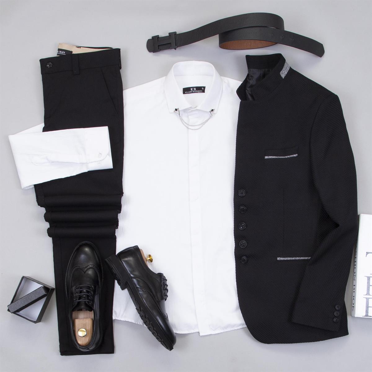 Siyah Dik Yaka Blazer Ceket Gömlek Pantolon Ayakkabı Kombin