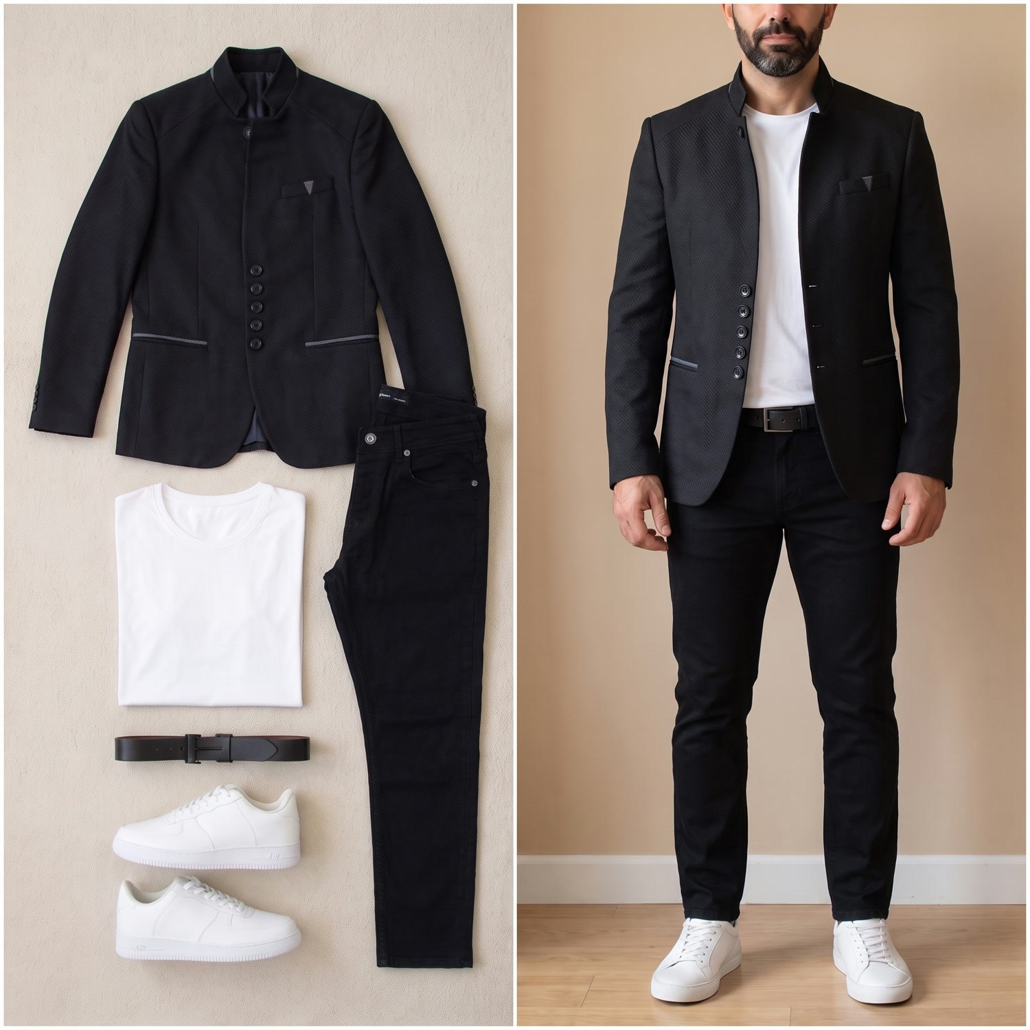Siyah Dik Yaka Blazer Ceket Tişört Pantolon Ayakkabı Kombin