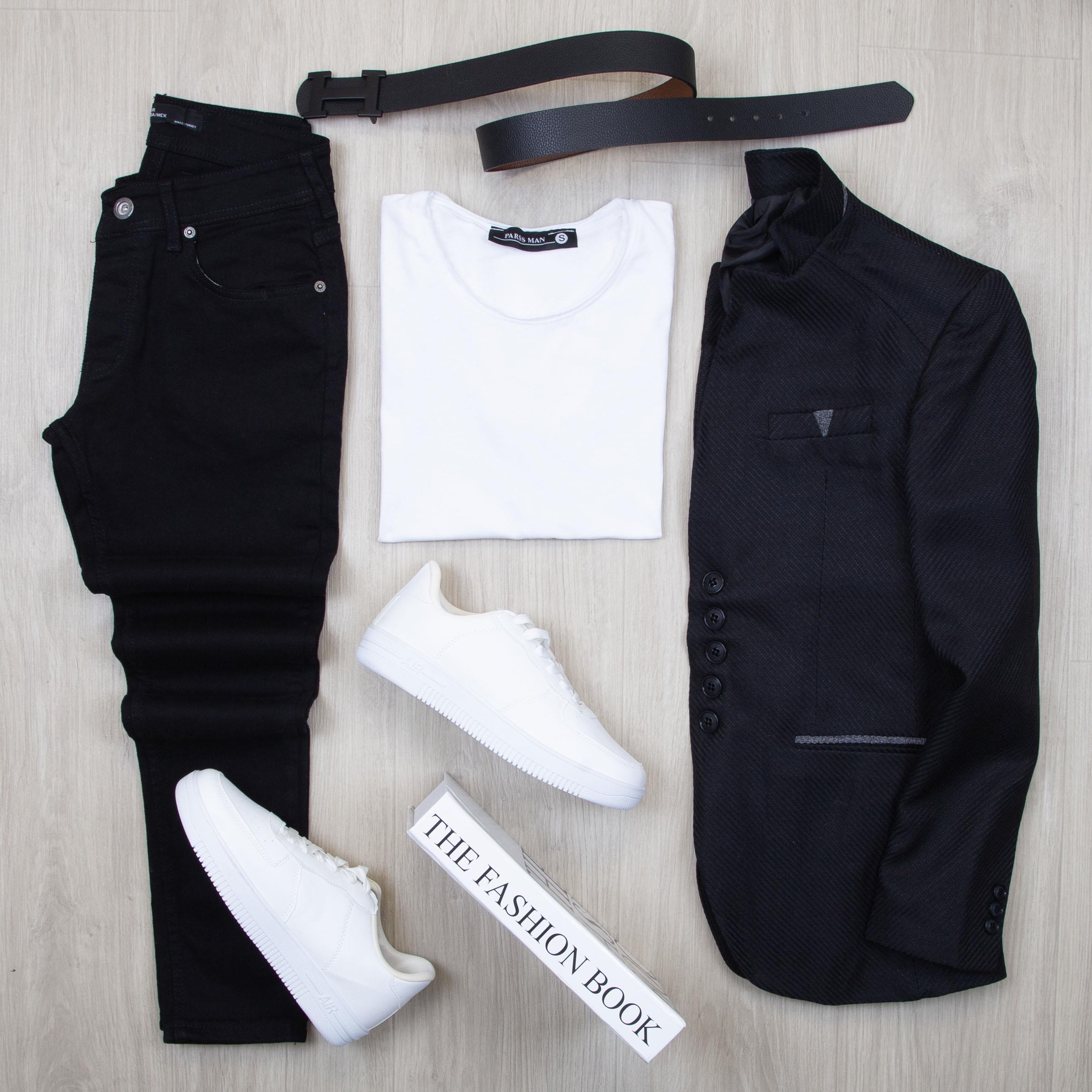 Siyah Dik Yaka Blazer Ceket Tişört Pantolon Ayakkabı Kombin