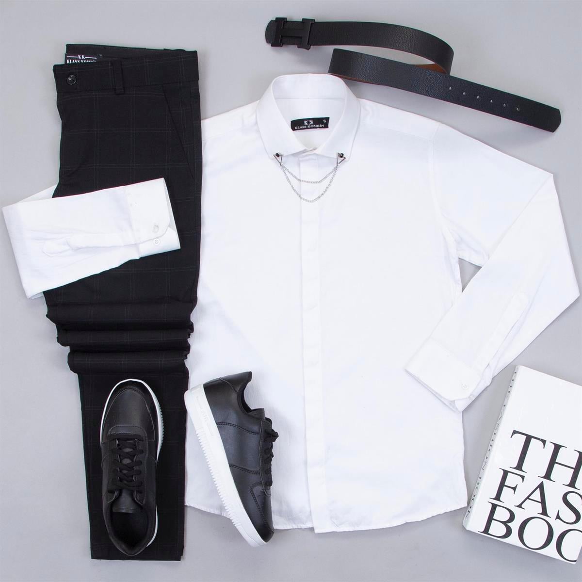 Siyah Ekose Pantolon Beyaz Gömlek Ayakkabı Kombin