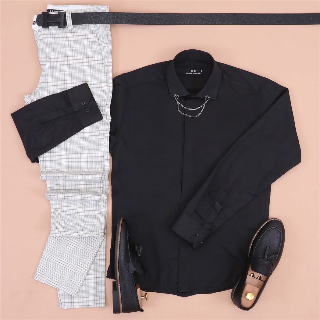 Siyah Gömlek Beyaz Ekose Pantolon Ayakkabı kombini