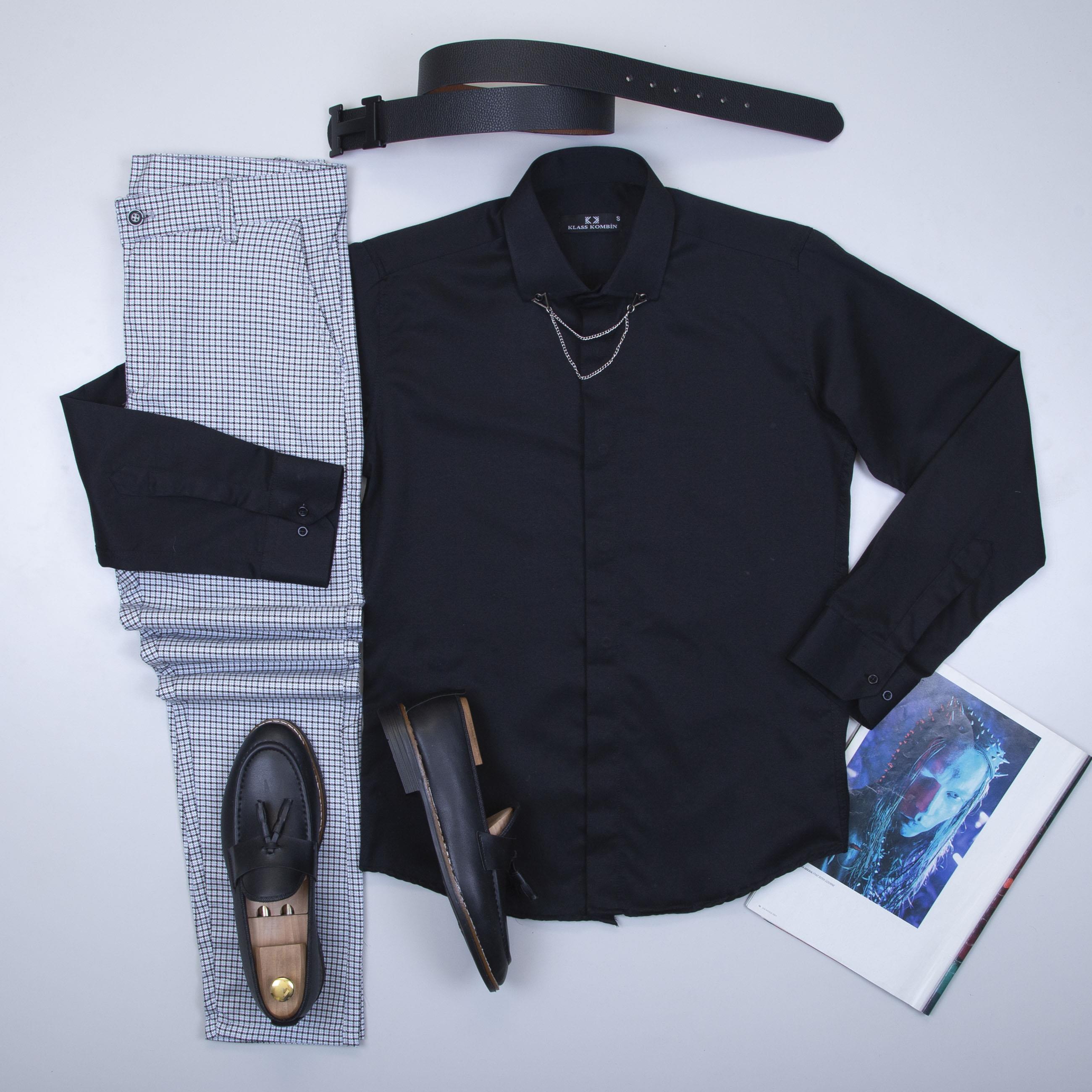 Siyah Gömlek Ekose Pantolon Ayakkabı Kombin