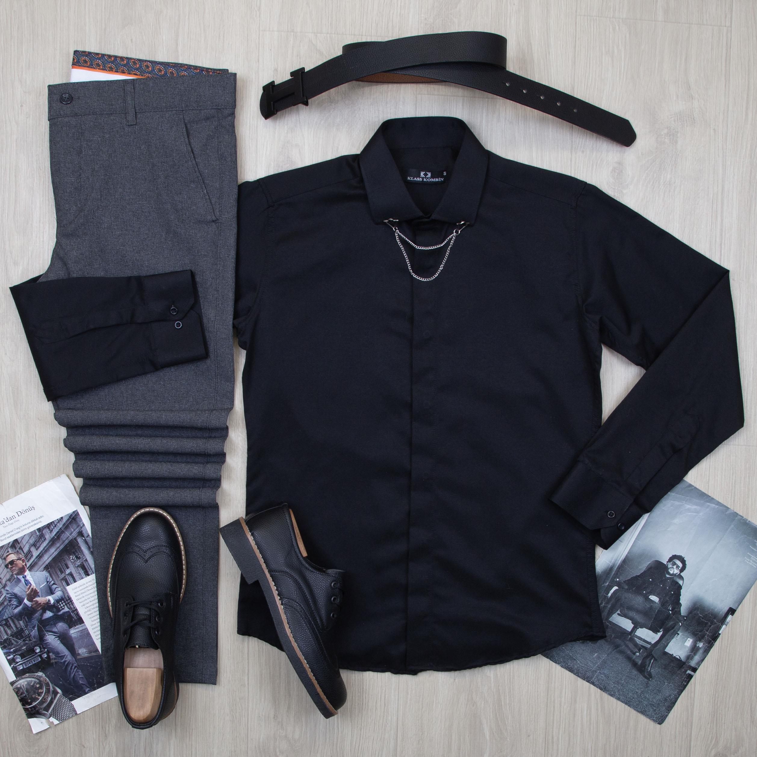 Siyah Gömlek Füme Pantolon Ayakkabı Kombin