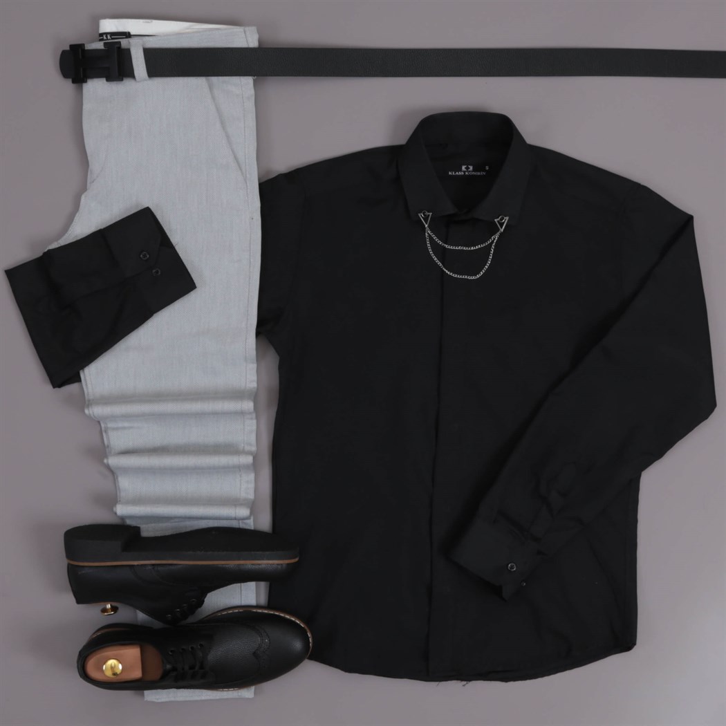 Siyah Gömlek Gri Pantolon Ayakkabı Kombini