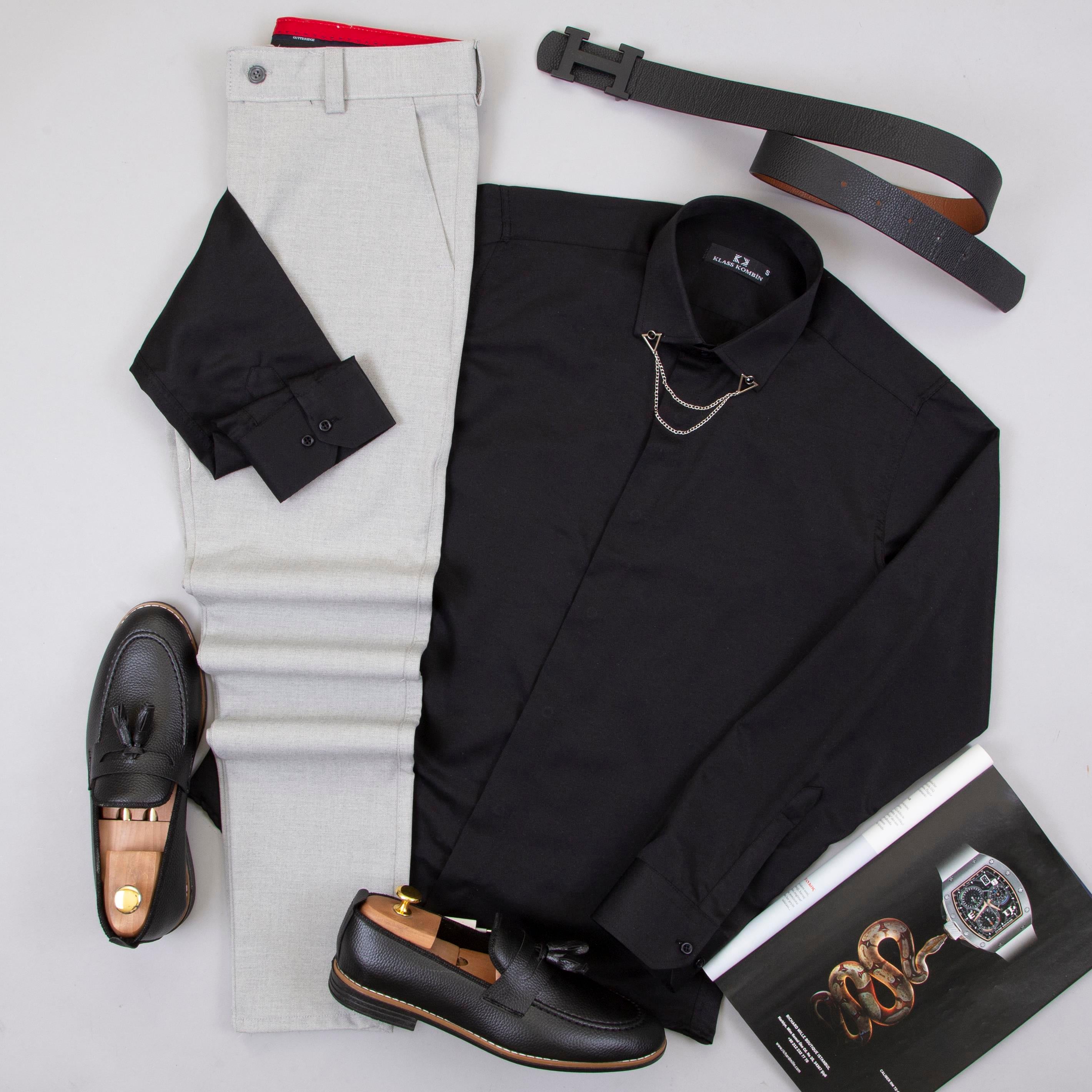 Siyah Gömlek Gri Pantolon Ayakkabı Kombin