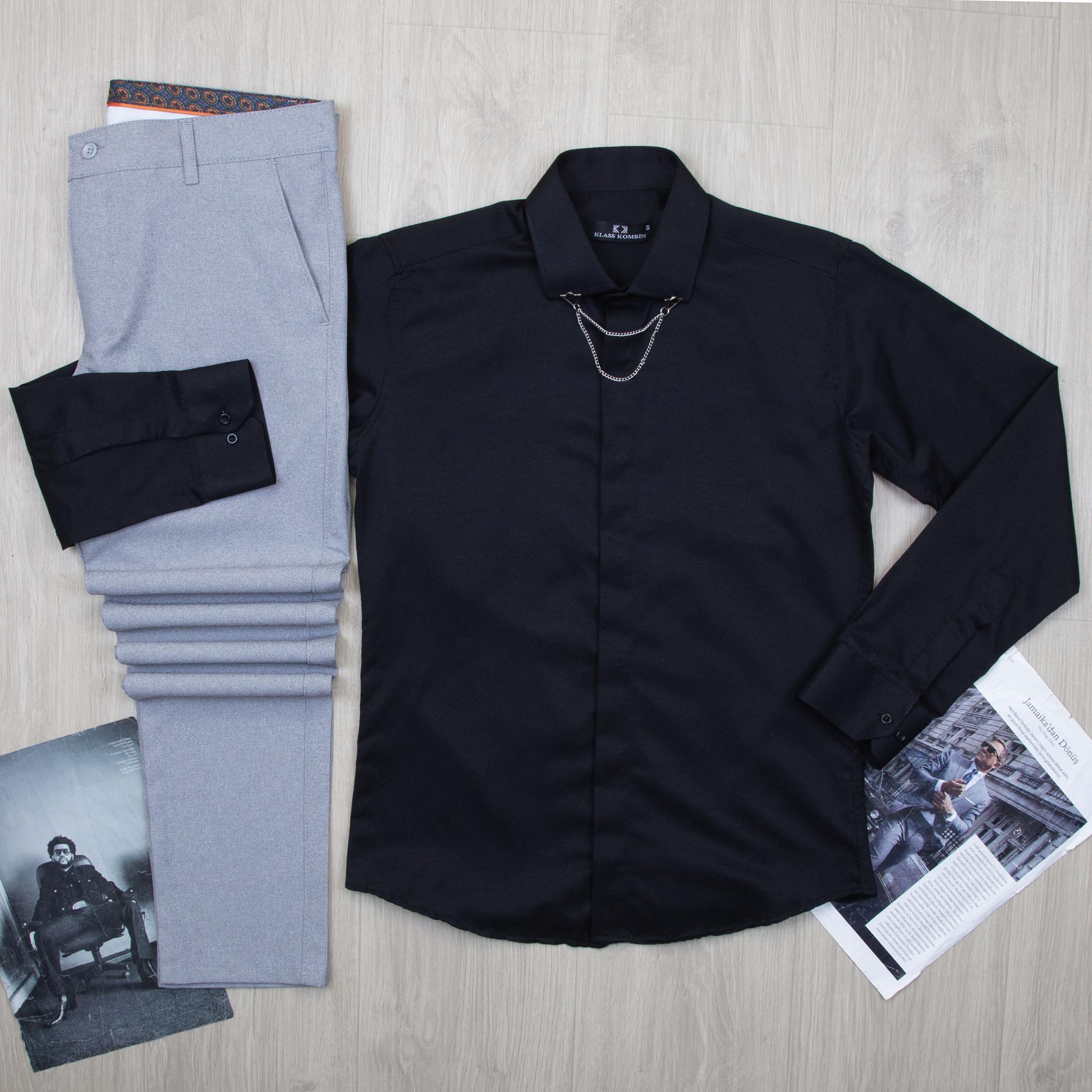 Siyah Gömlek Gri Pantolon Kombin