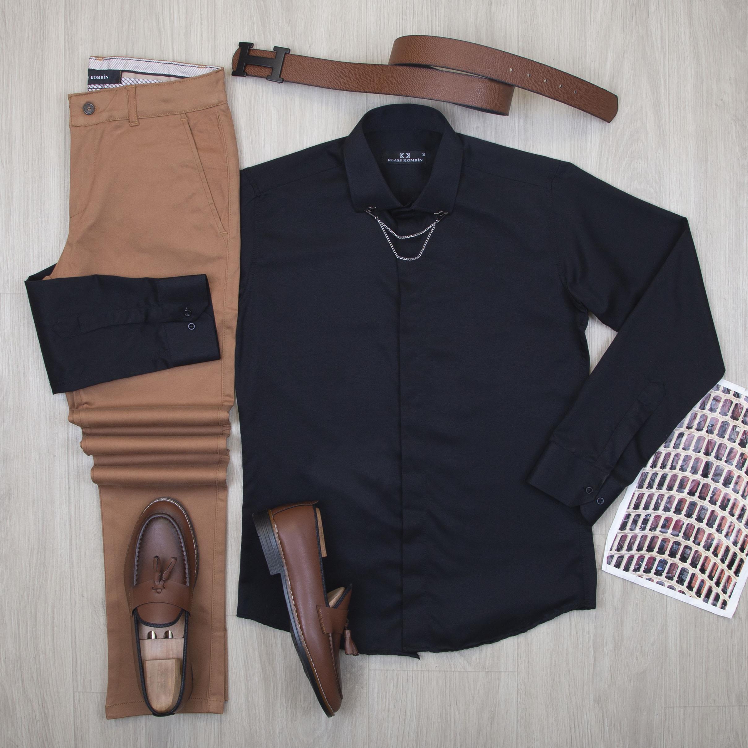 Siyah Gömlek Taba Pantolon Ayakkabı Kombin