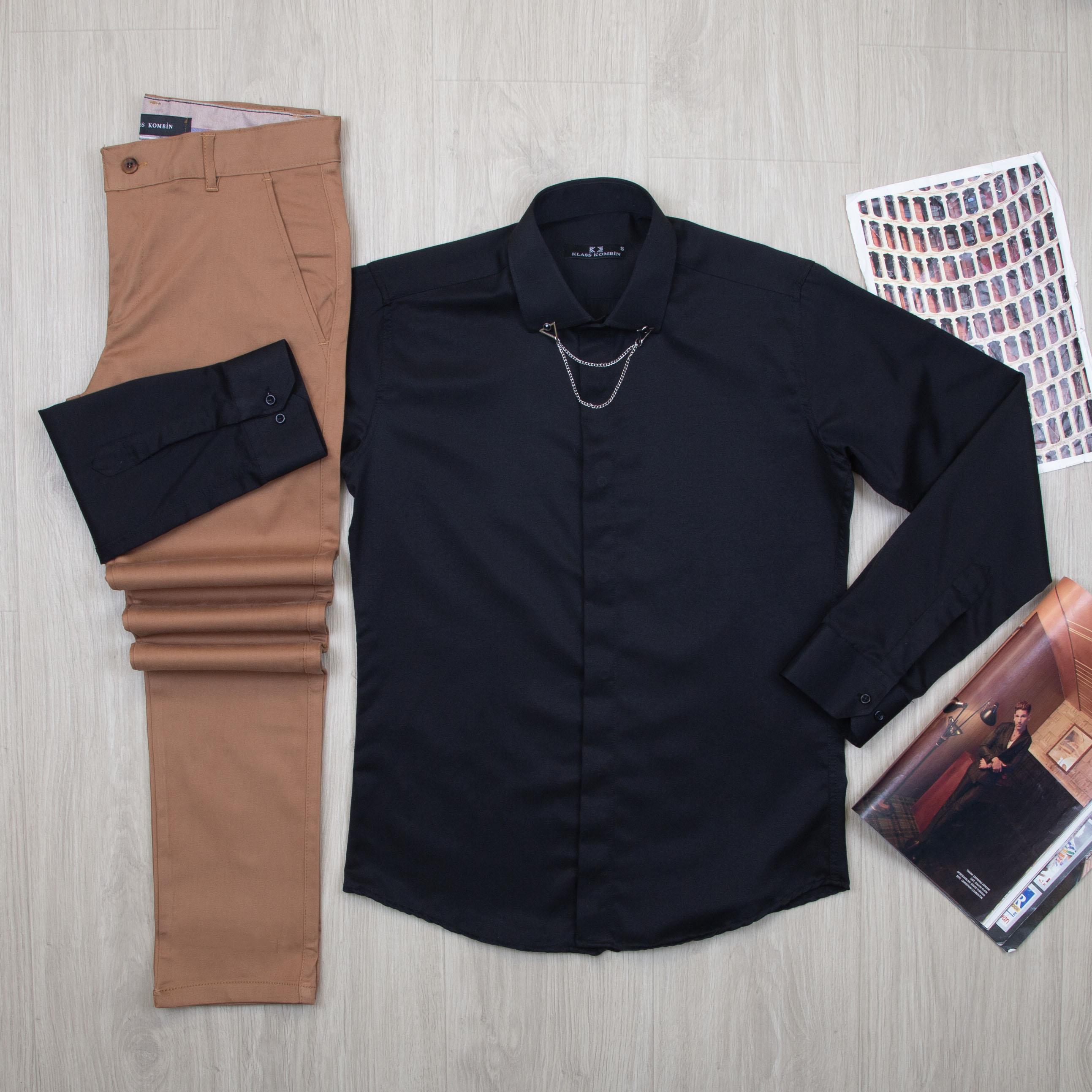 Siyah Gömlek Taba Pantolon Kombin