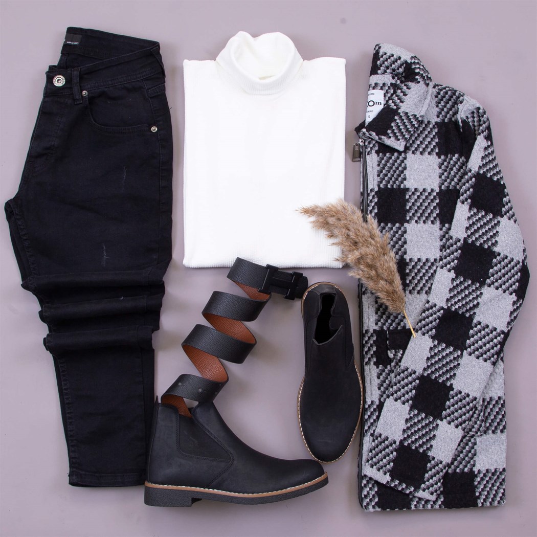 Siyah Gri Ceket Kazak Pantolon Bot Kombin