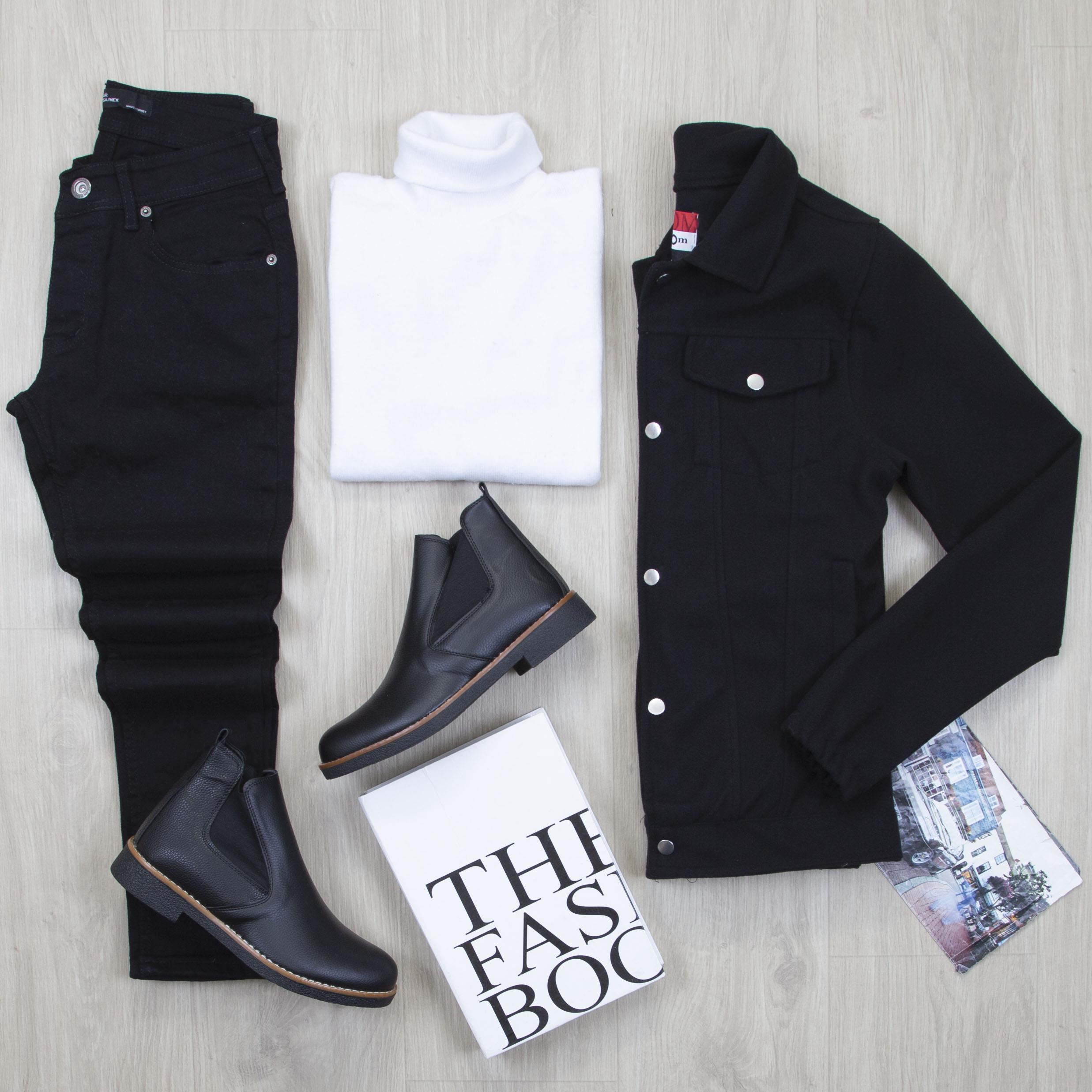 Siyah Kaşe Ceket Boğazlı Body Pantolon Bot Kombin