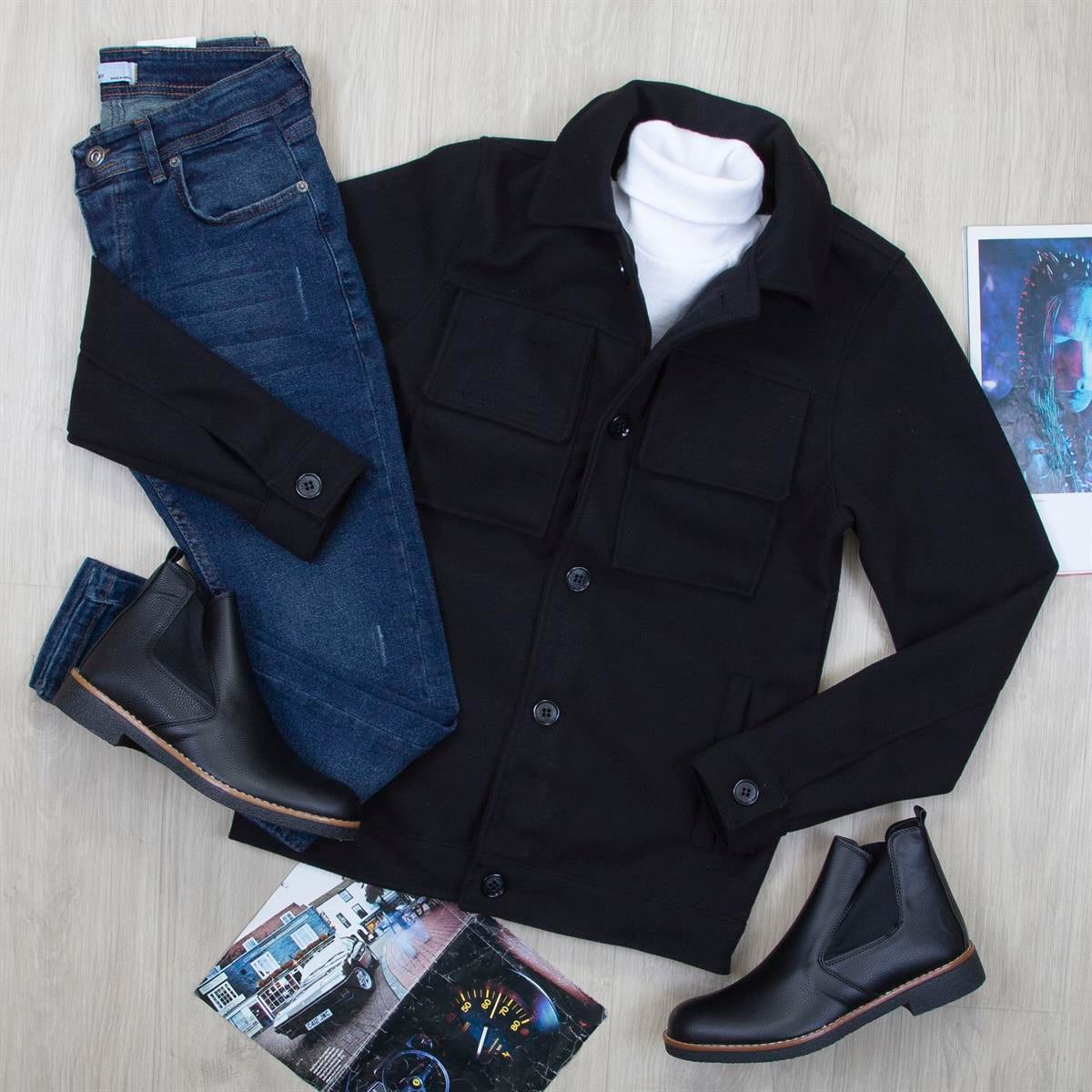 Siyah Kaşe Ceket Boğazlı Body Pantolon Bot Kombin