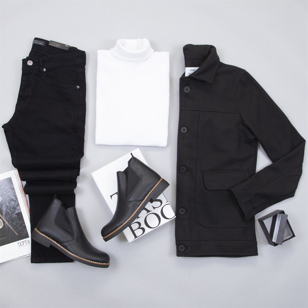 Siyah Kaşe Ceket Boğazlı Kazak Pantolon Bot Kombin