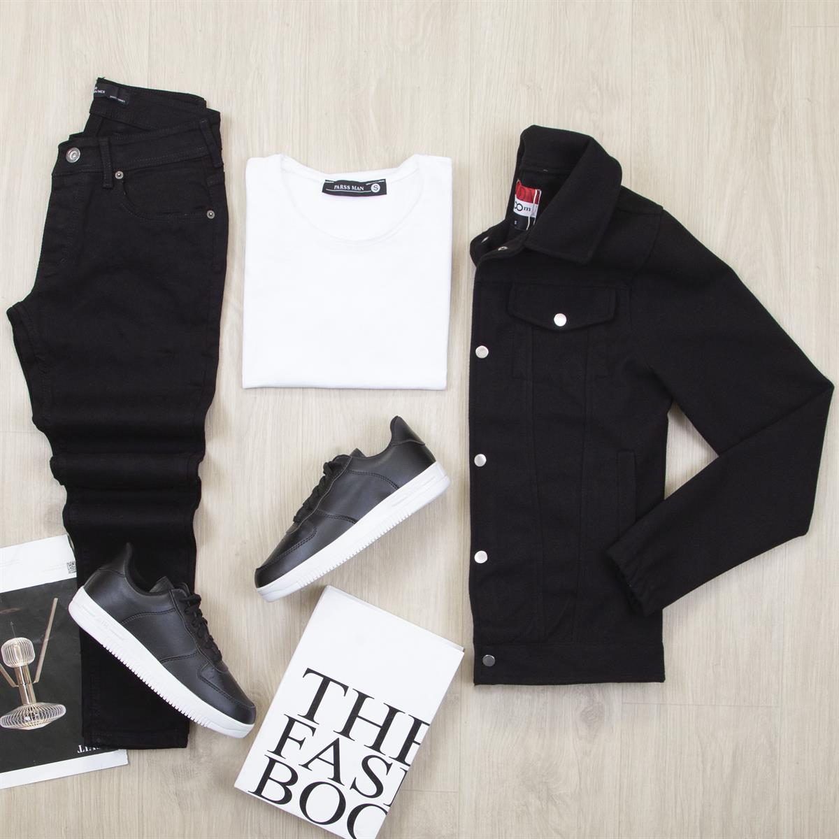 Siyah Kaşe Ceket Tişört Pantolon Ayakkabı Kombin