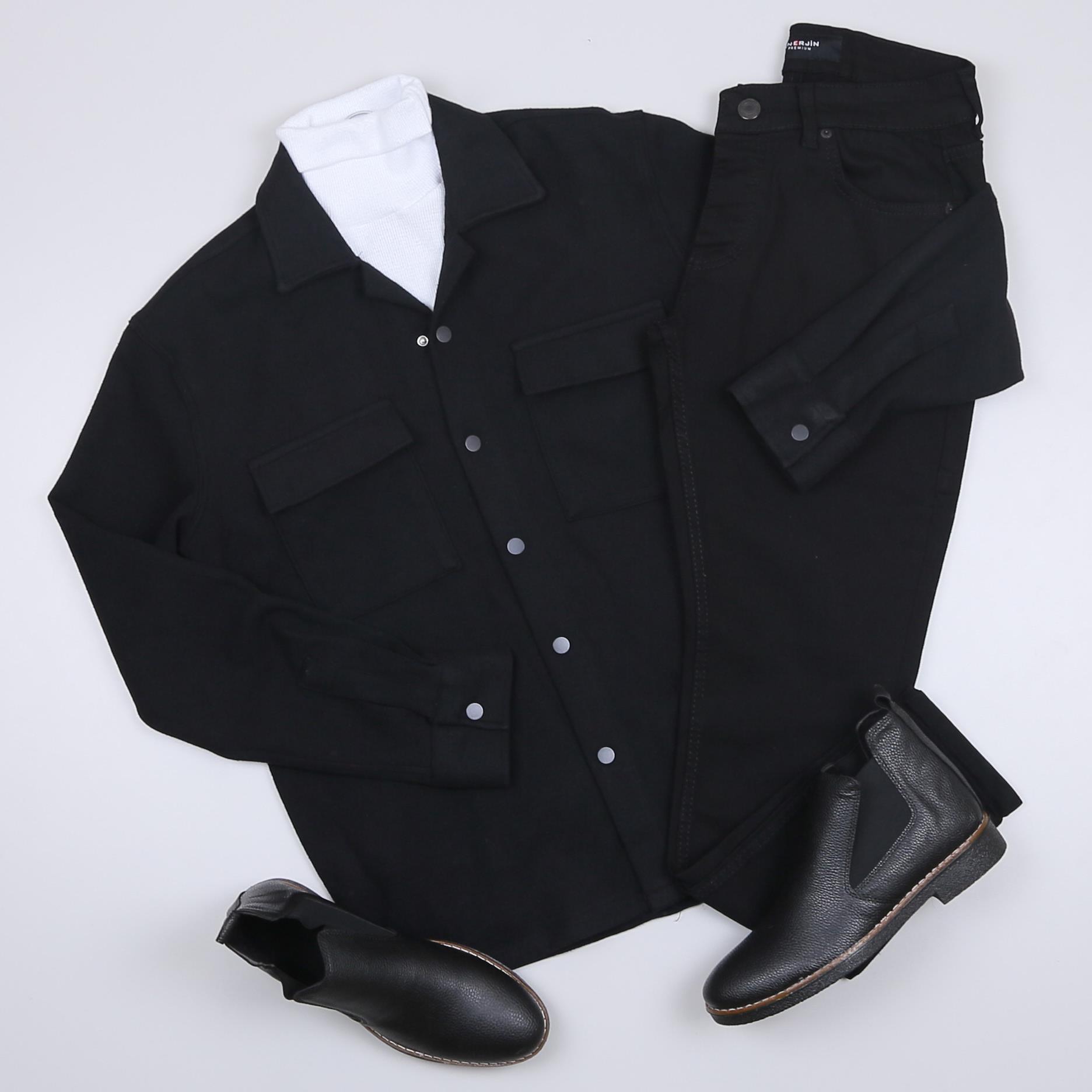 Siyah Kaşe Gömlek Boğazlı Body Pantolon Bot Kombin